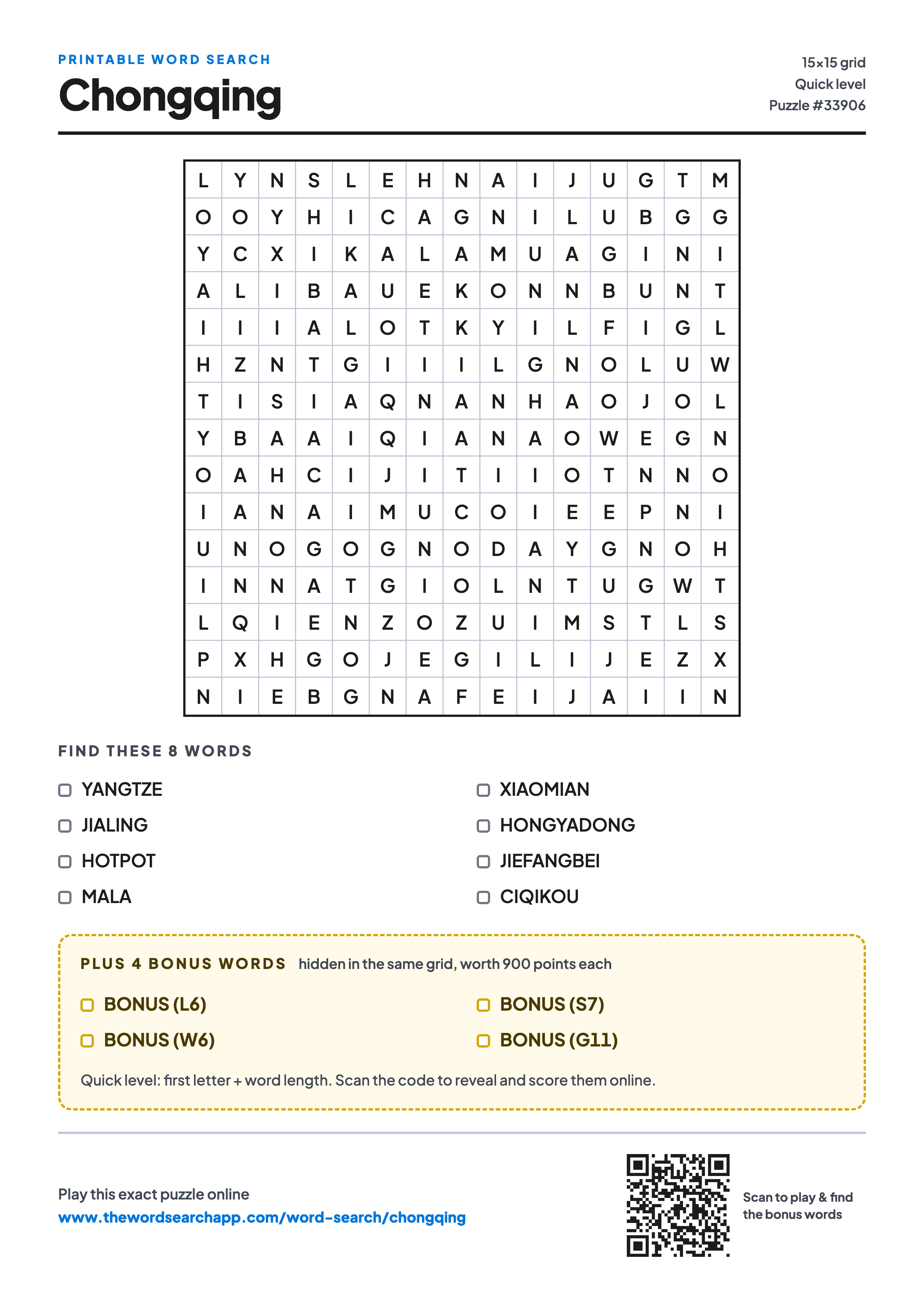 Printable Chongqing word search — 15×15 letter grid with 8 words to find including YANGTZE, JIALING, HOTPOT, plus 4 hidden bonus words