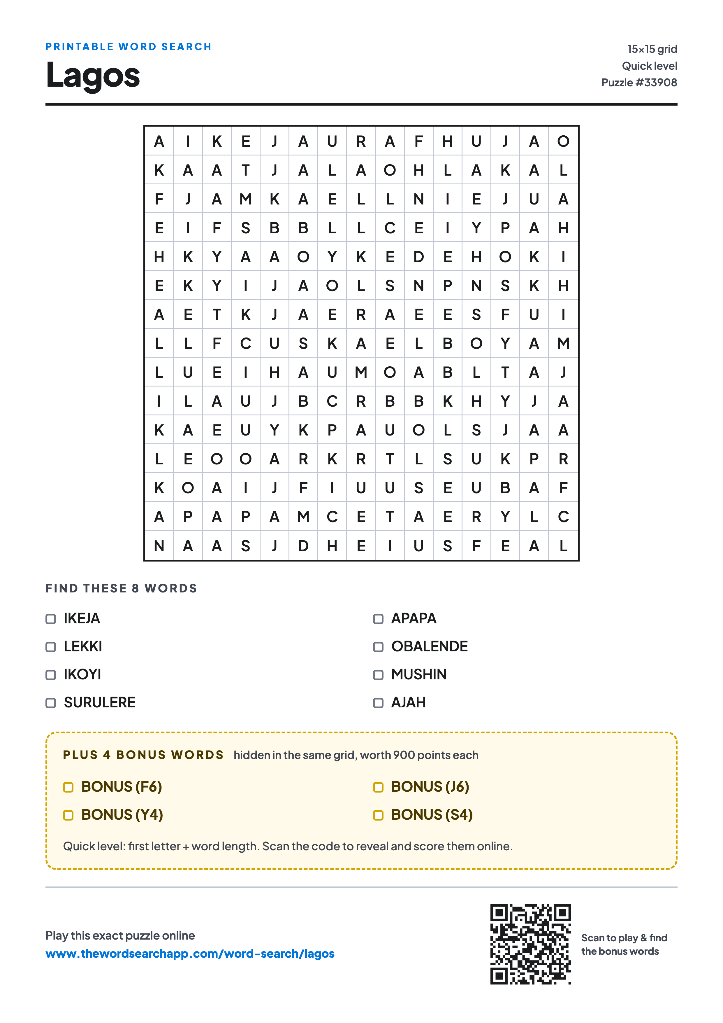 Printable Lagos word search — 15×15 letter grid with 8 words to find including IKEJA, LEKKI, IKOYI, plus 4 hidden bonus words
