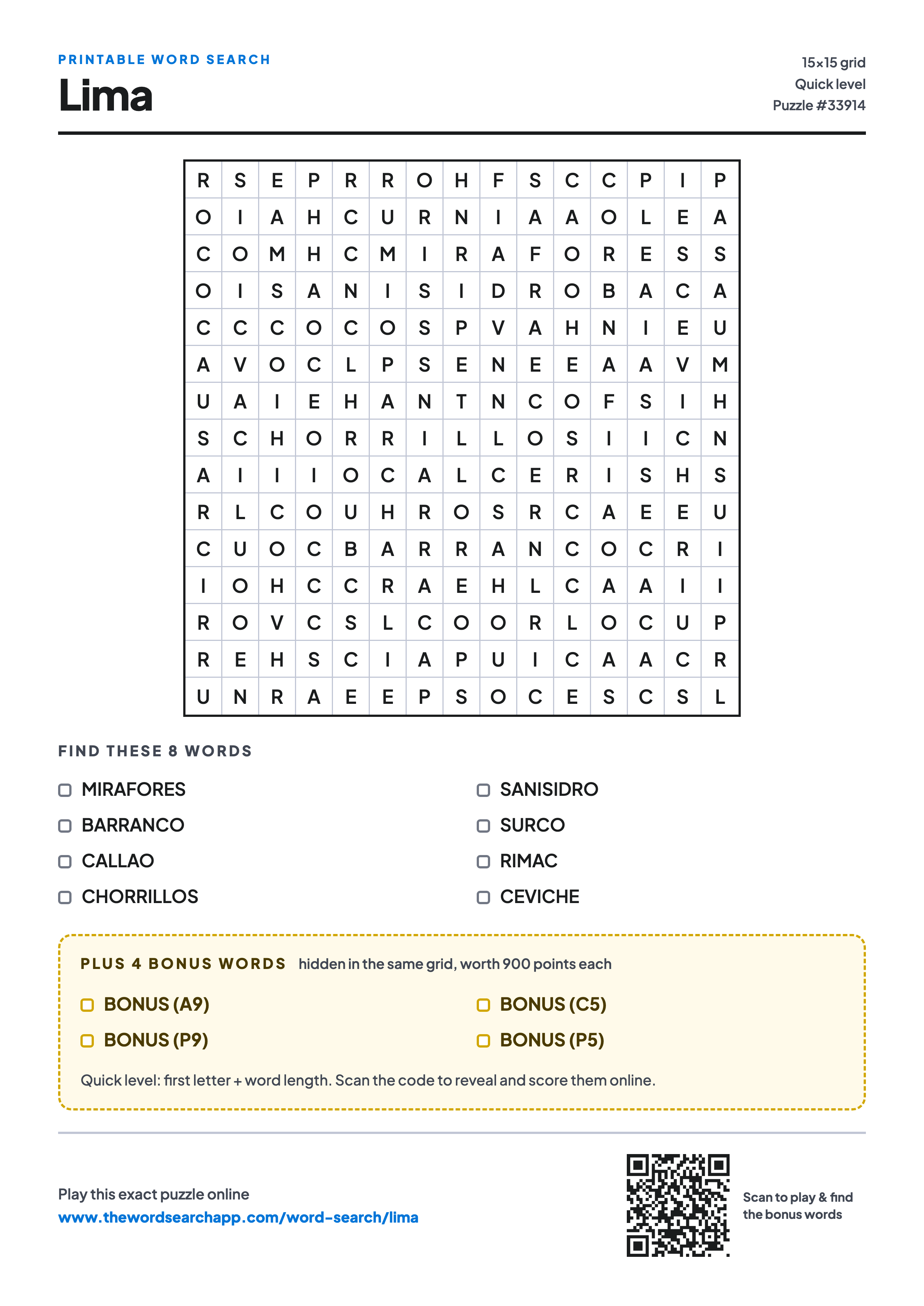 Printable Lima word search — 15×15 letter grid with 8 words to find including MIRAFORES, BARRANCO, CALLAO, plus 4 hidden bonus words