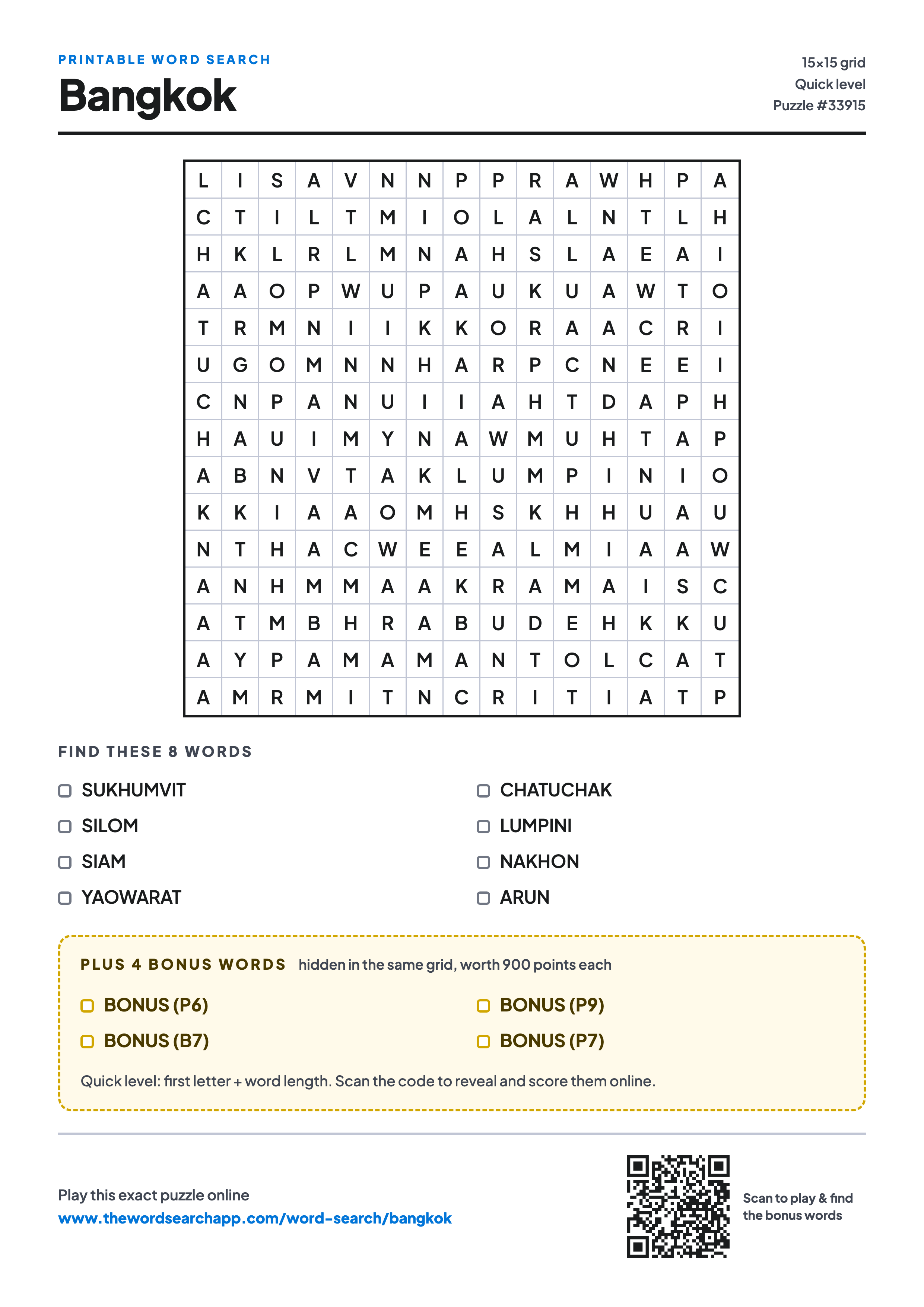 Printable Bangkok word search — 15×15 letter grid with 8 words to find including SUKHUMVIT, SILOM, SIAM, plus 4 hidden bonus words