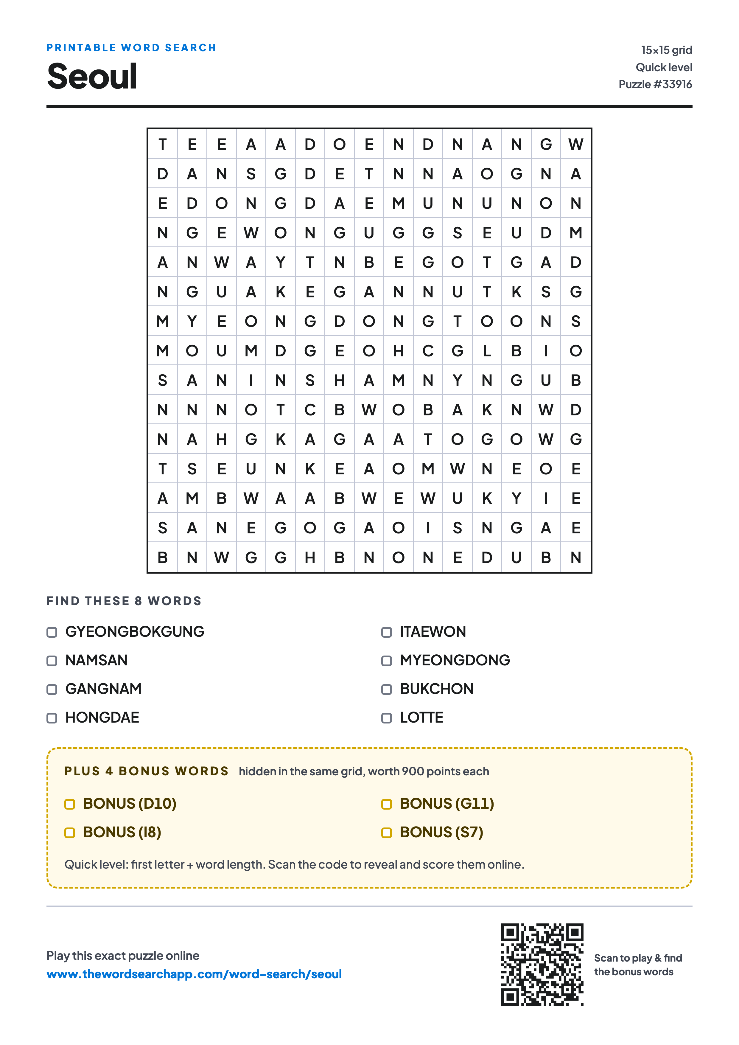 Printable Seoul word search — 15×15 letter grid with 8 words to find including GYEONGBOKGUNG, NAMSAN, GANGNAM, plus 4 hidden bonus words