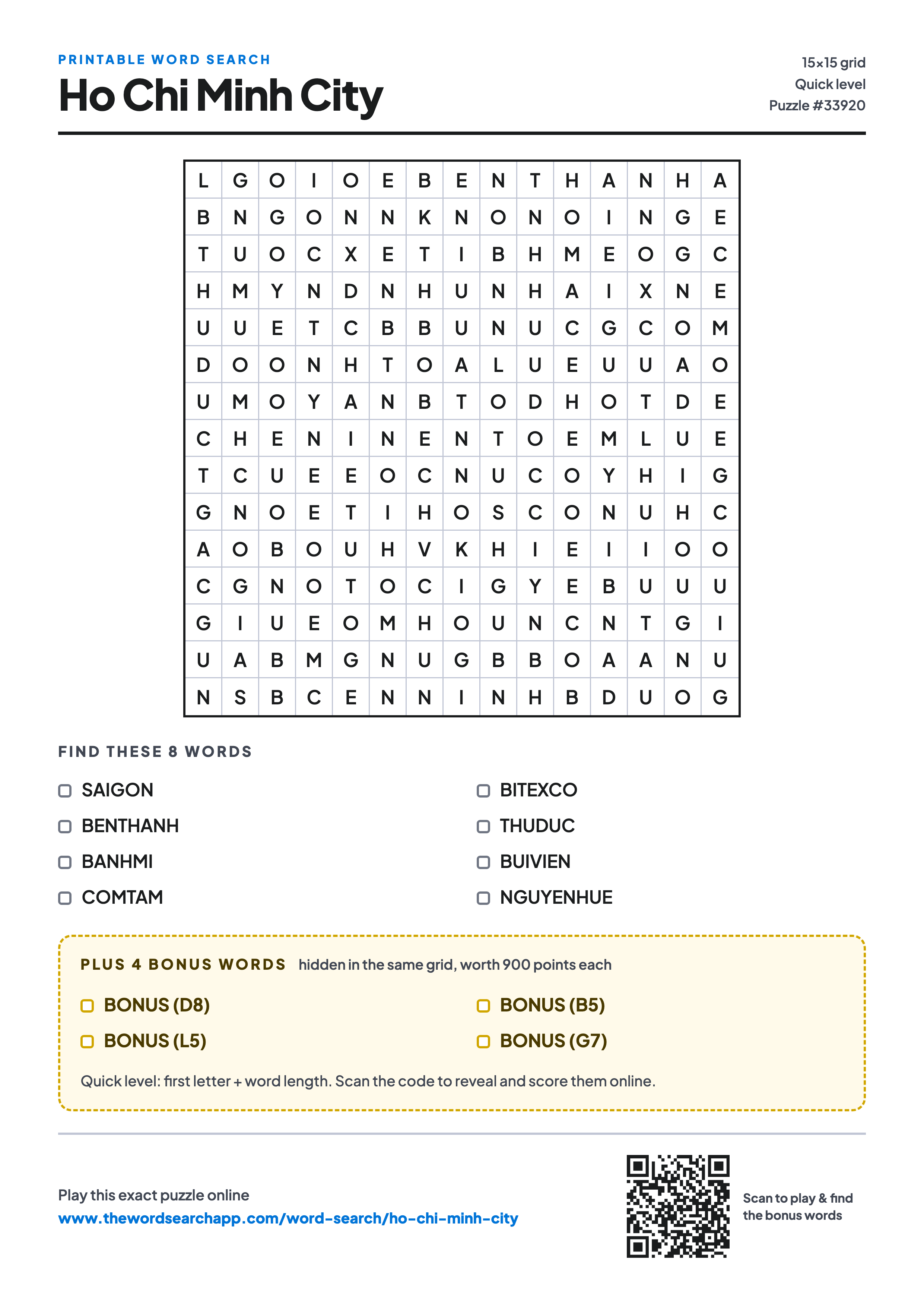 Printable Ho Chi Minh City word search — 15×15 letter grid with 8 words to find including SAIGON, BENTHANH, BANHMI, plus 4 hidden bonus words