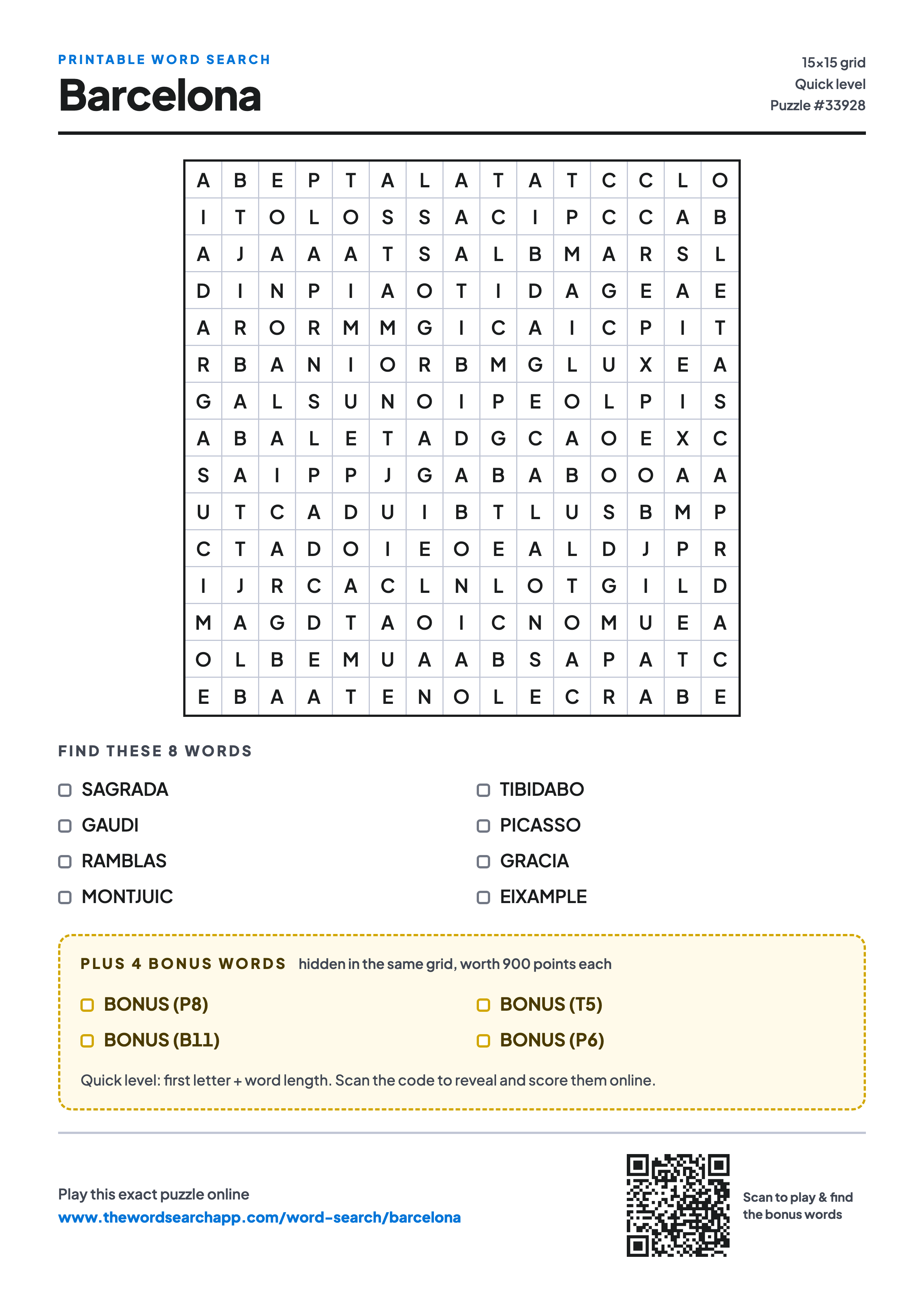 Printable Barcelona word search — 15×15 letter grid with 8 words to find including SAGRADA, GAUDI, RAMBLAS, plus 4 hidden bonus words