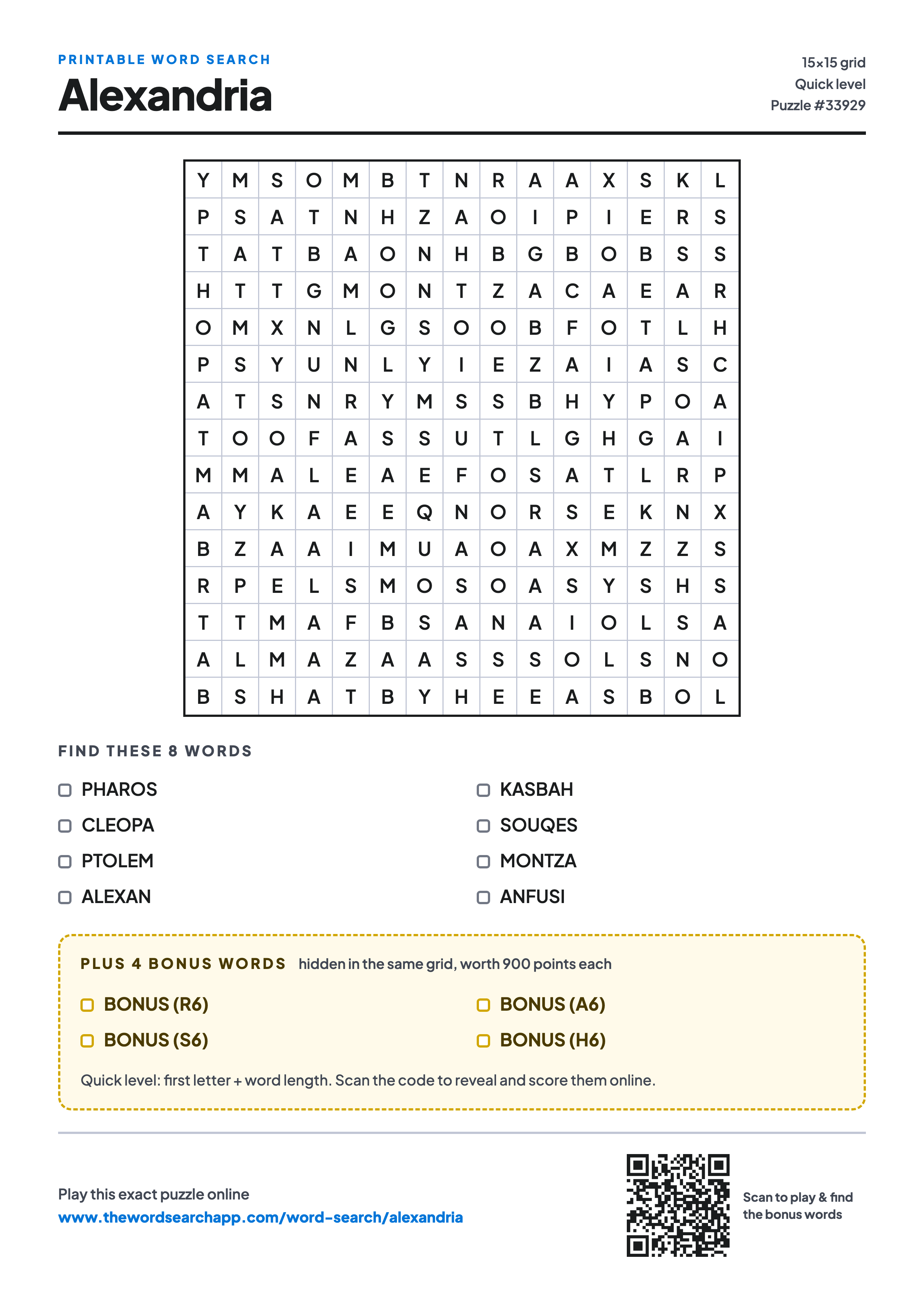 Printable Alexandria word search — 15×15 letter grid with 8 words to find including PHAROS, CLEOPA, PTOLEM, plus 4 hidden bonus words