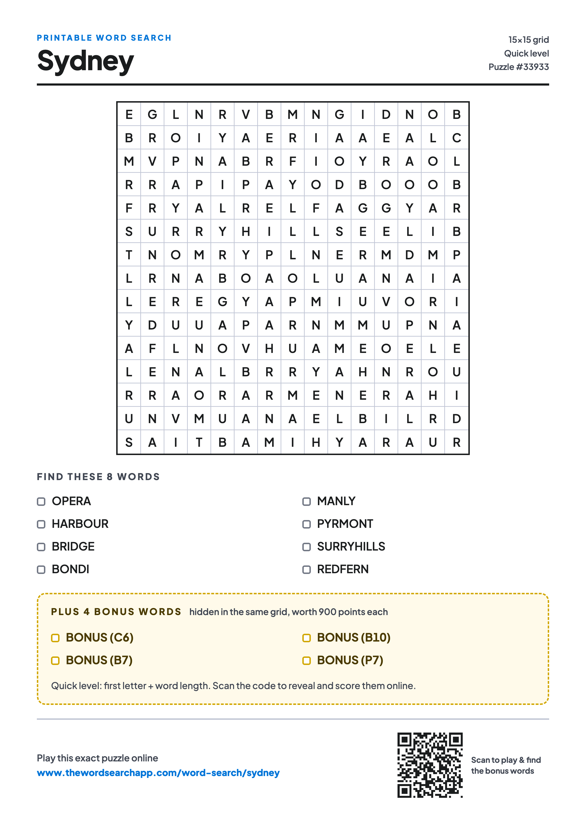 Printable Sydney word search — 15×15 letter grid with 8 words to find including OPERA, HARBOUR, BRIDGE, plus 4 hidden bonus words