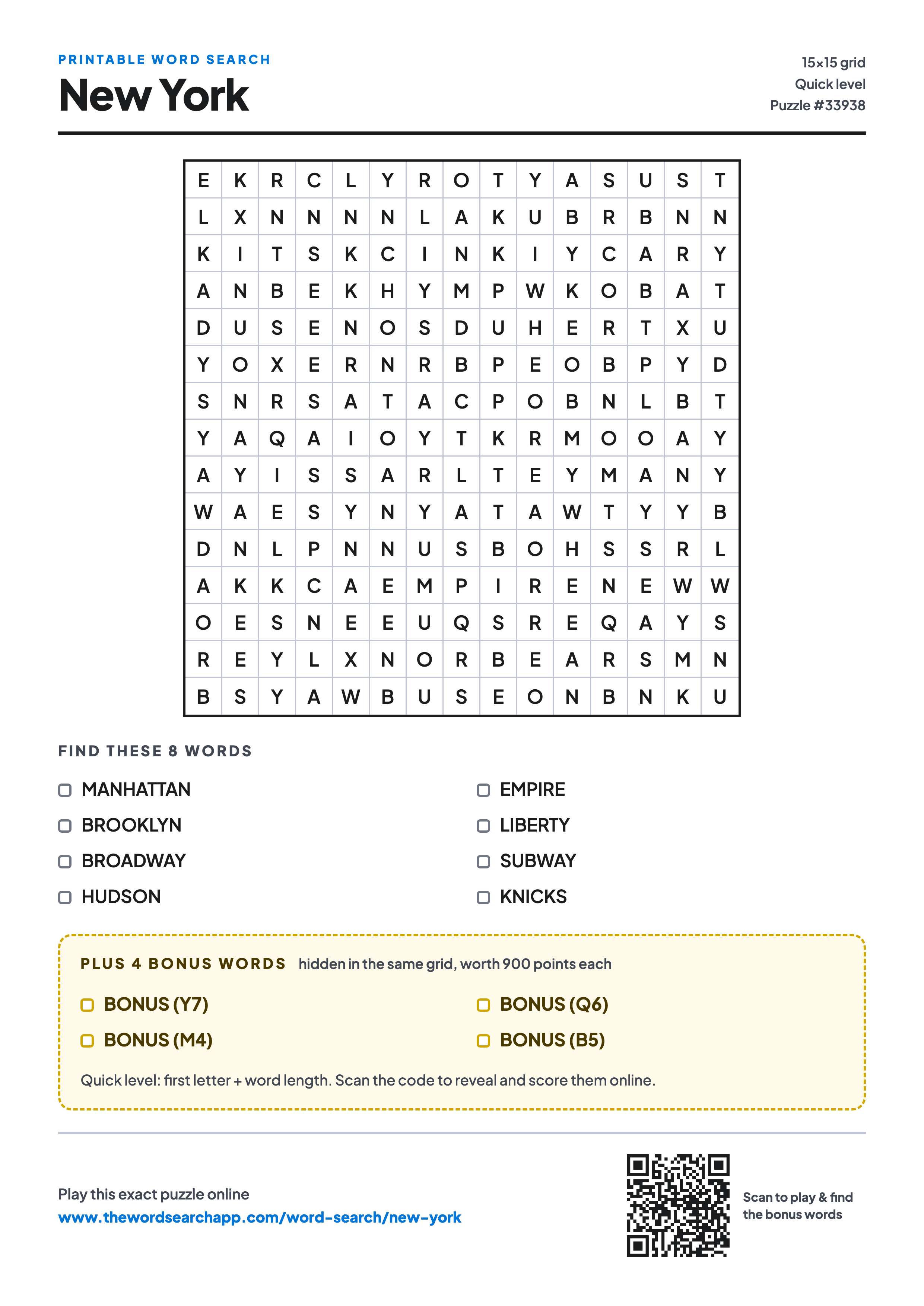 Printable New York word search — 15×15 letter grid with 8 words to find including MANHATTAN, BROOKLYN, BROADWAY, plus 4 hidden bonus words