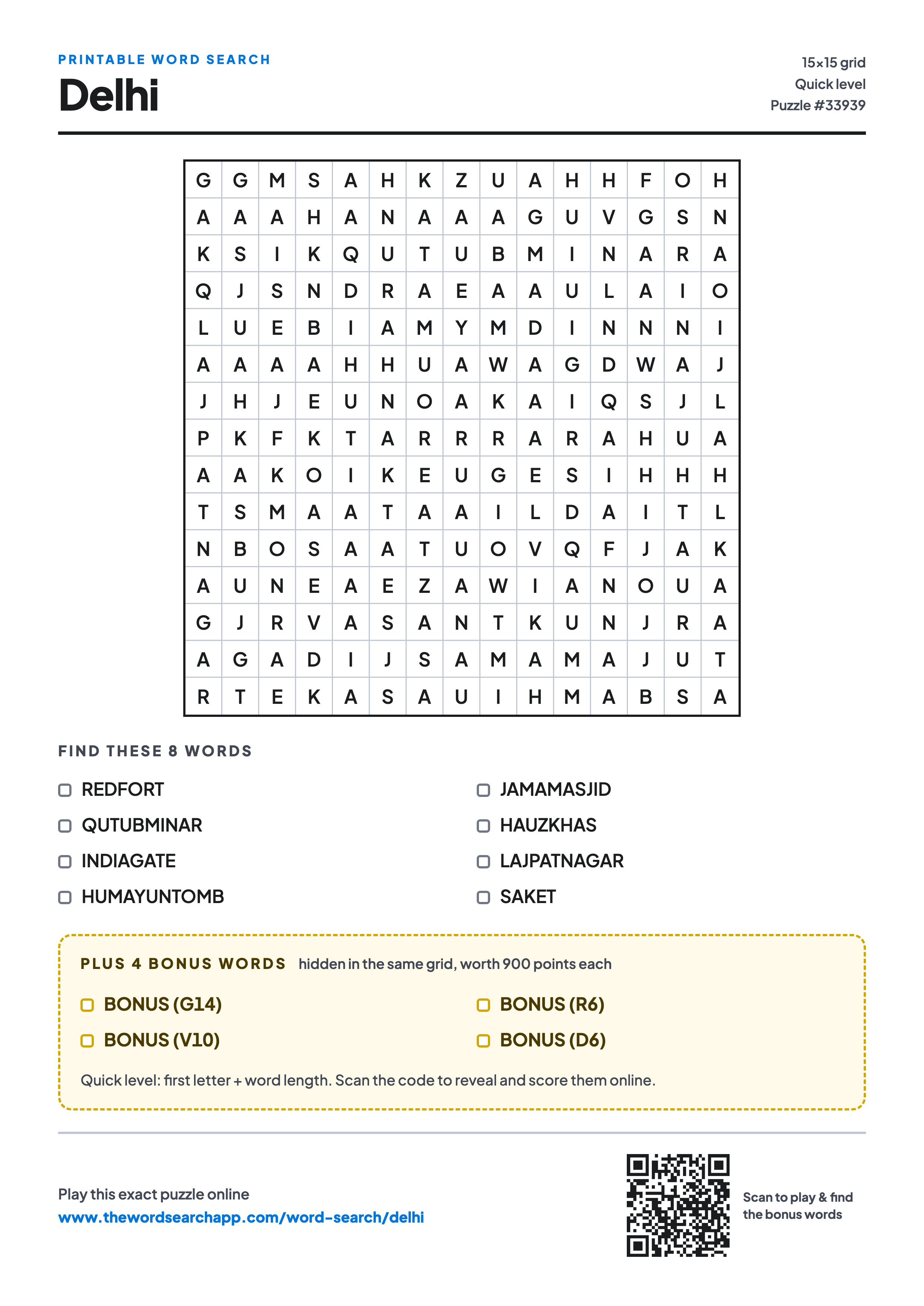 Printable Delhi word search — 15×15 letter grid with 8 words to find including REDFORT, QUTUBMINAR, INDIAGATE, plus 4 hidden bonus words