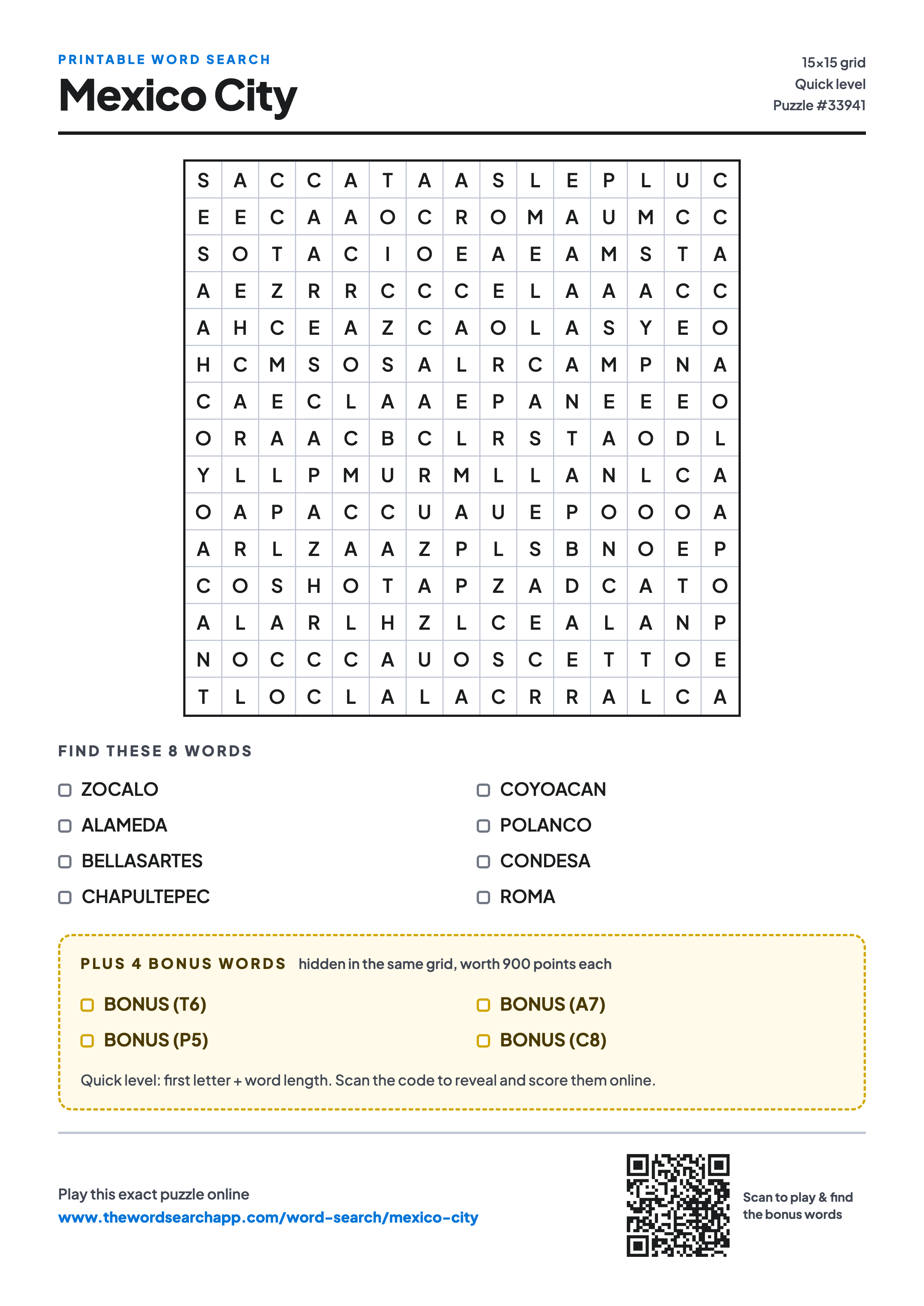 Printable Mexico City word search — 15×15 letter grid with 8 words to find including ZOCALO, ALAMEDA, BELLASARTES, plus 4 hidden bonus words