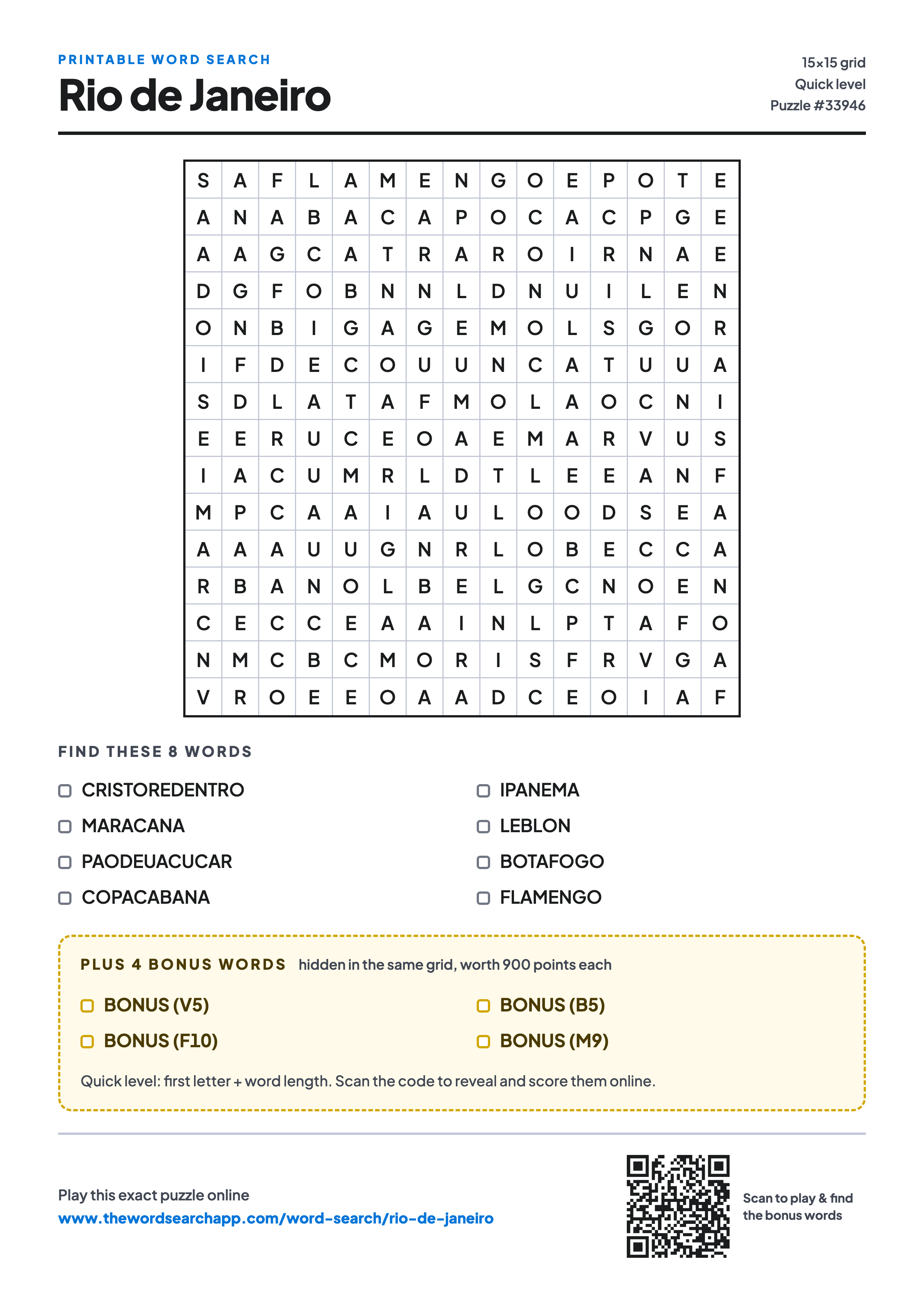 Printable Rio de Janeiro word search — 15×15 letter grid with 8 words to find including CRISTOREDENTRO, MARACANA, PAODEUACUCAR, plus 4 hidden bonus words