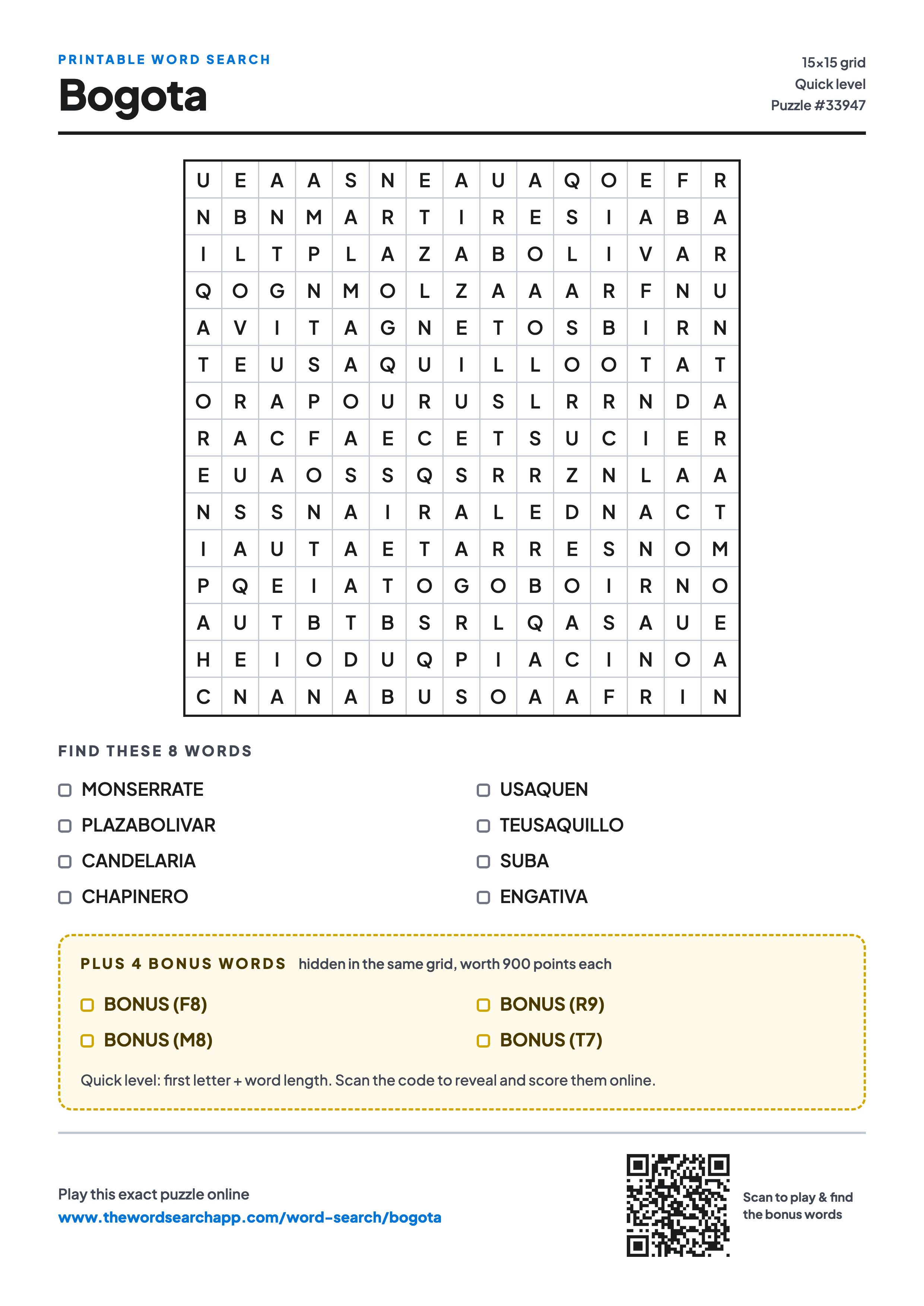 Printable Bogota word search — 15×15 letter grid with 8 words to find including MONSERRATE, PLAZABOLIVAR, CANDELARIA, plus 4 hidden bonus words