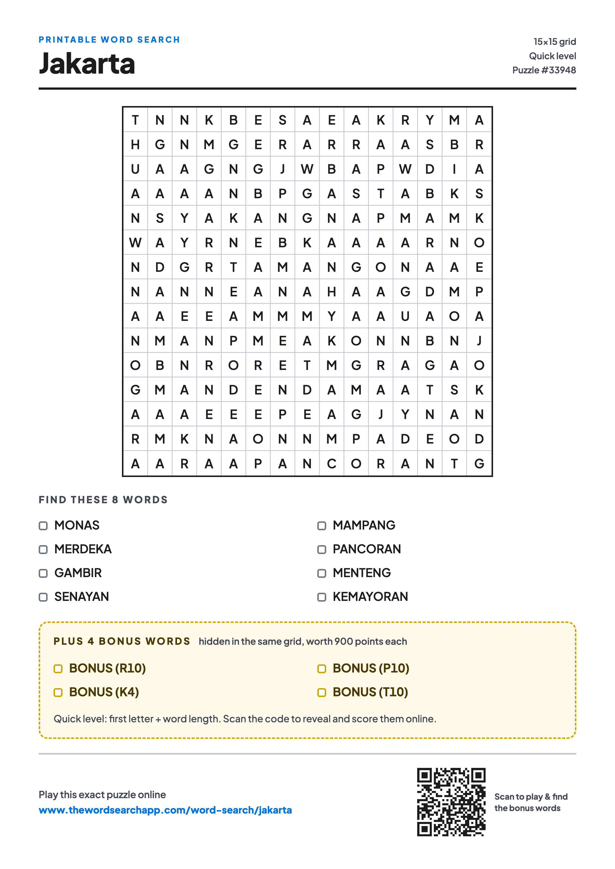 Printable Jakarta word search — 15×15 letter grid with 8 words to find including MONAS, MERDEKA, GAMBIR, plus 4 hidden bonus words