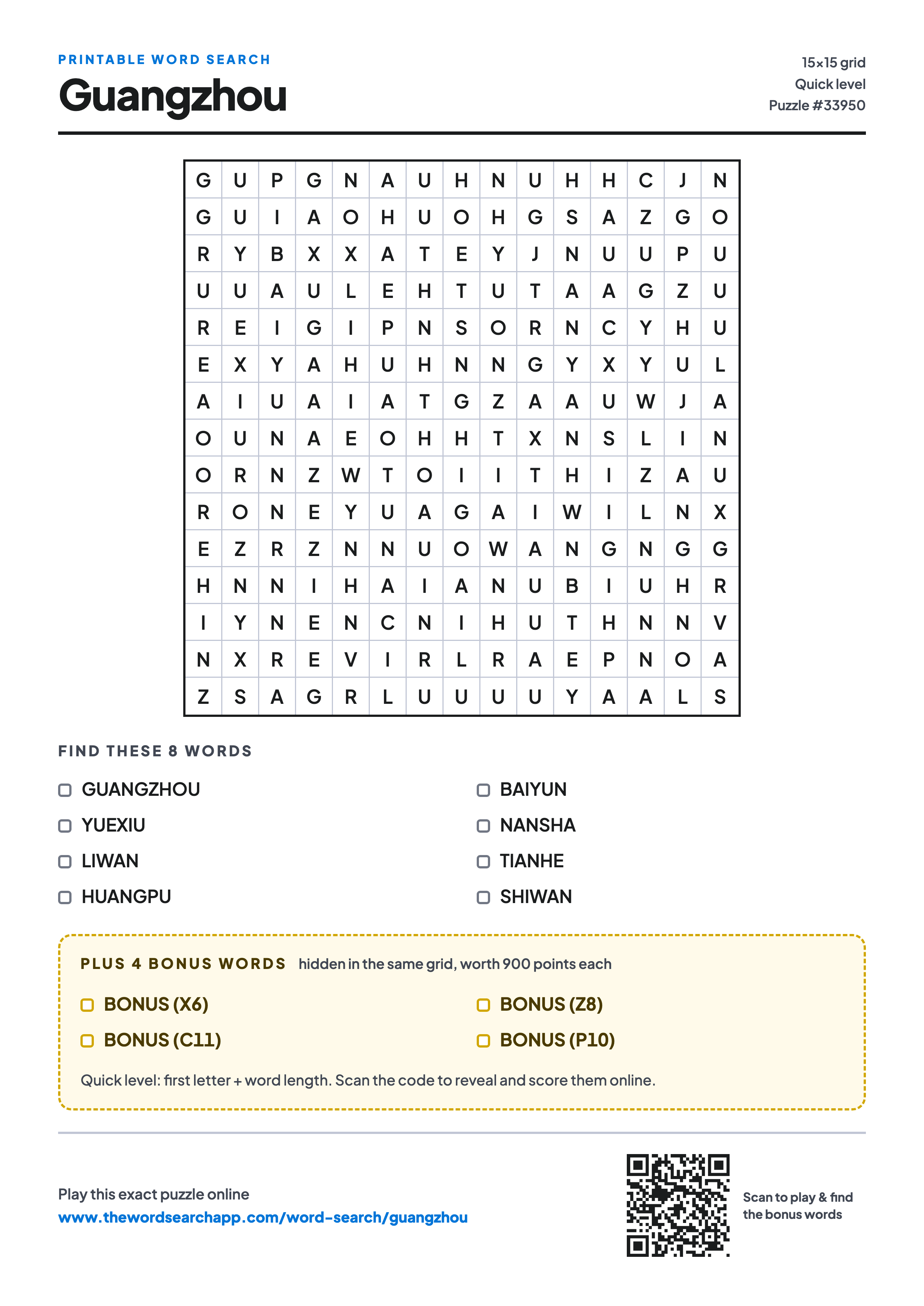 Printable Guangzhou word search — 15×15 letter grid with 8 words to find including GUANGZHOU, YUEXIU, LIWAN, plus 4 hidden bonus words