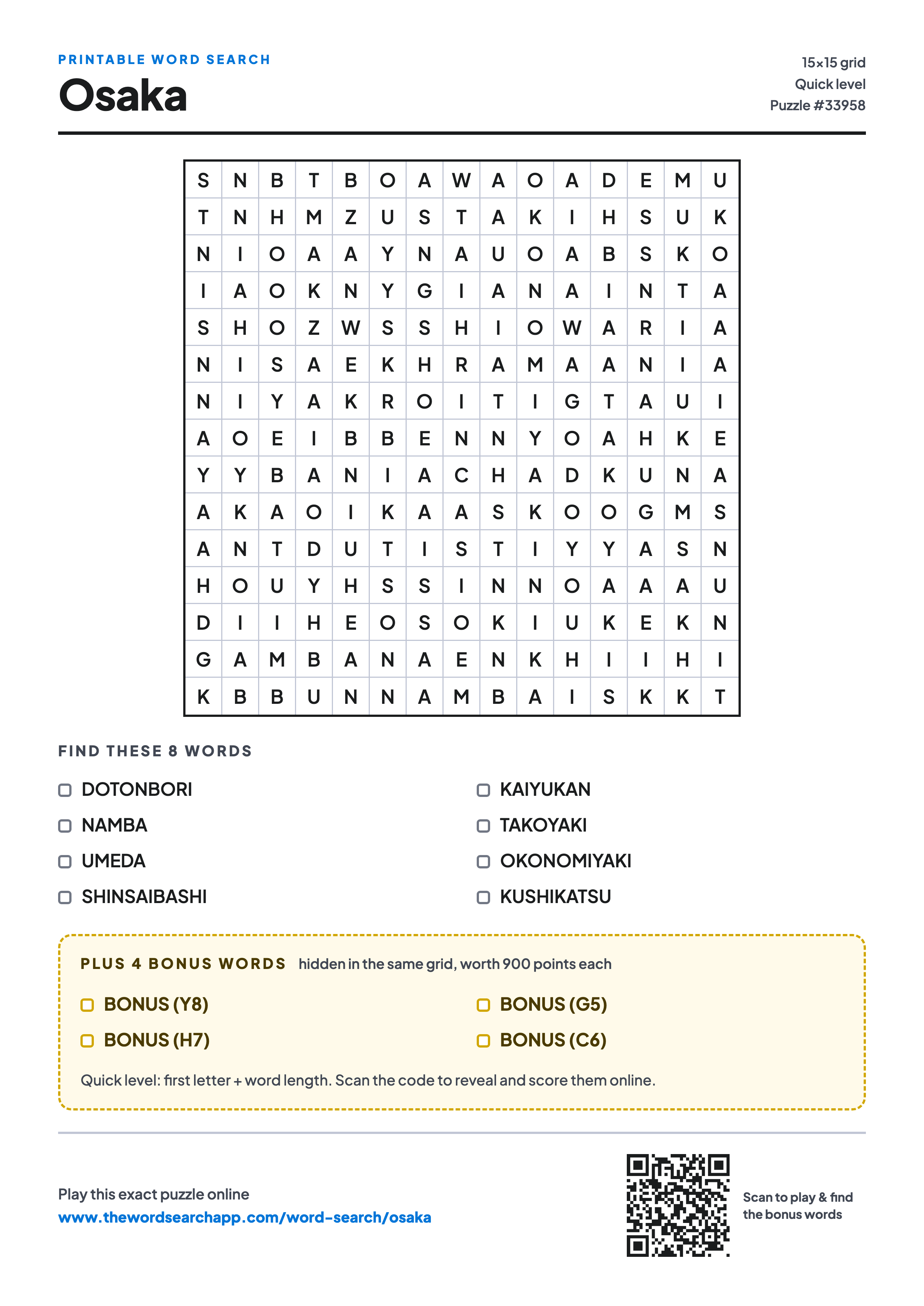 Printable Osaka word search — 15×15 letter grid with 8 words to find including DOTONBORI, NAMBA, UMEDA, plus 4 hidden bonus words