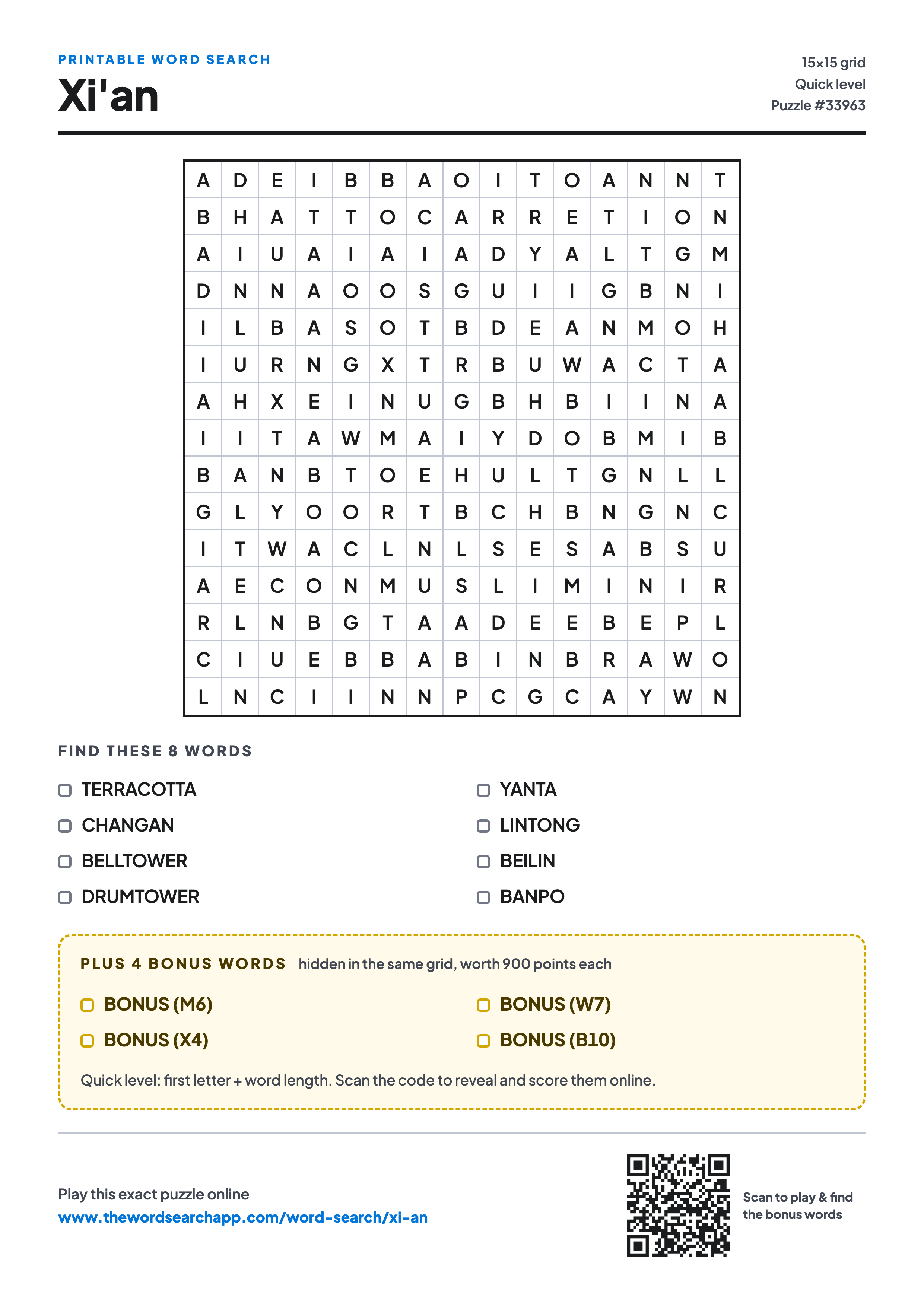 Printable Xi'an word search — 15×15 letter grid with 8 words to find including TERRACOTTA, CHANGAN, BELLTOWER, plus 4 hidden bonus words