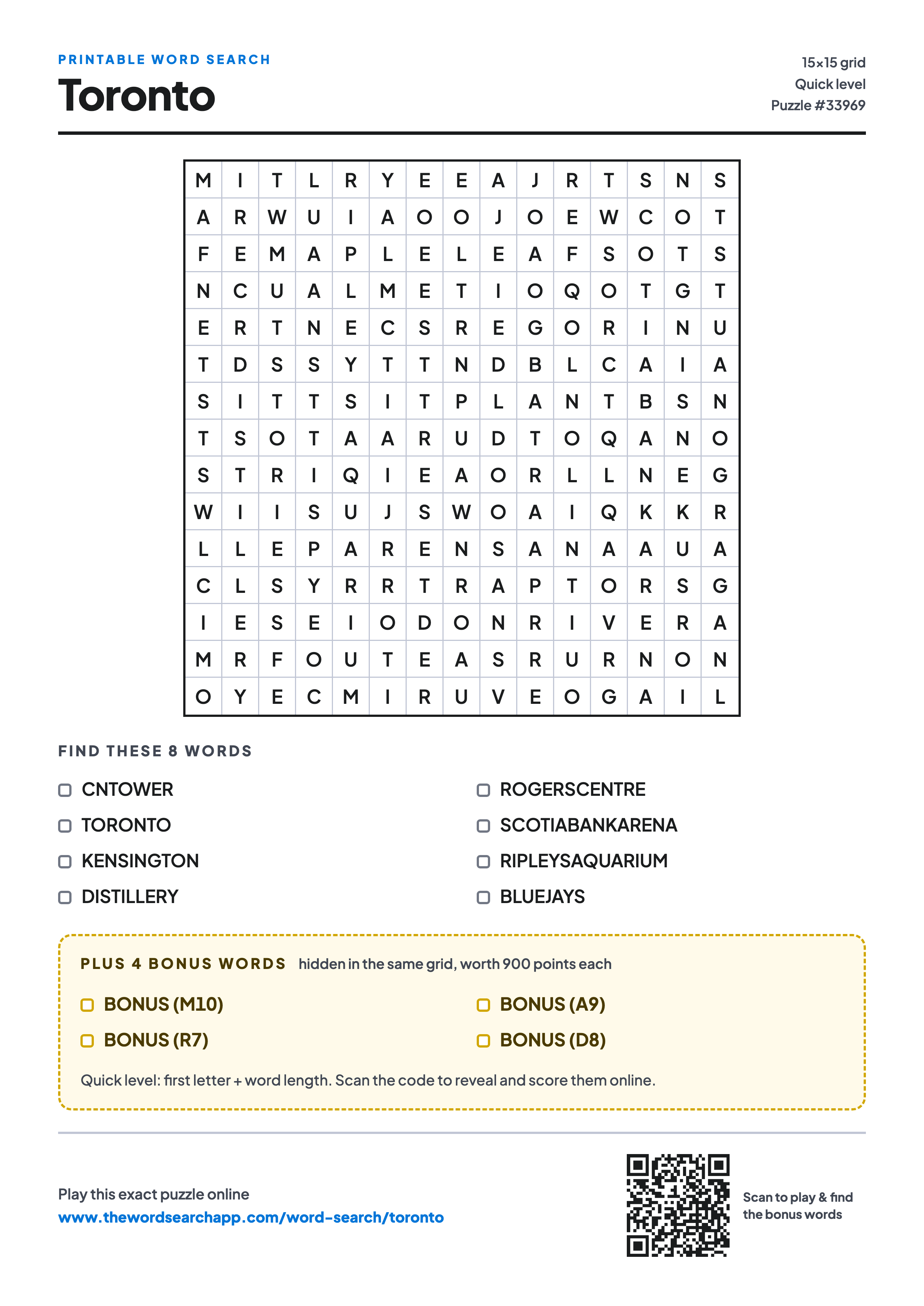 Printable Toronto word search — 15×15 letter grid with 8 words to find including CNTOWER, TORONTO, KENSINGTON, plus 4 hidden bonus words