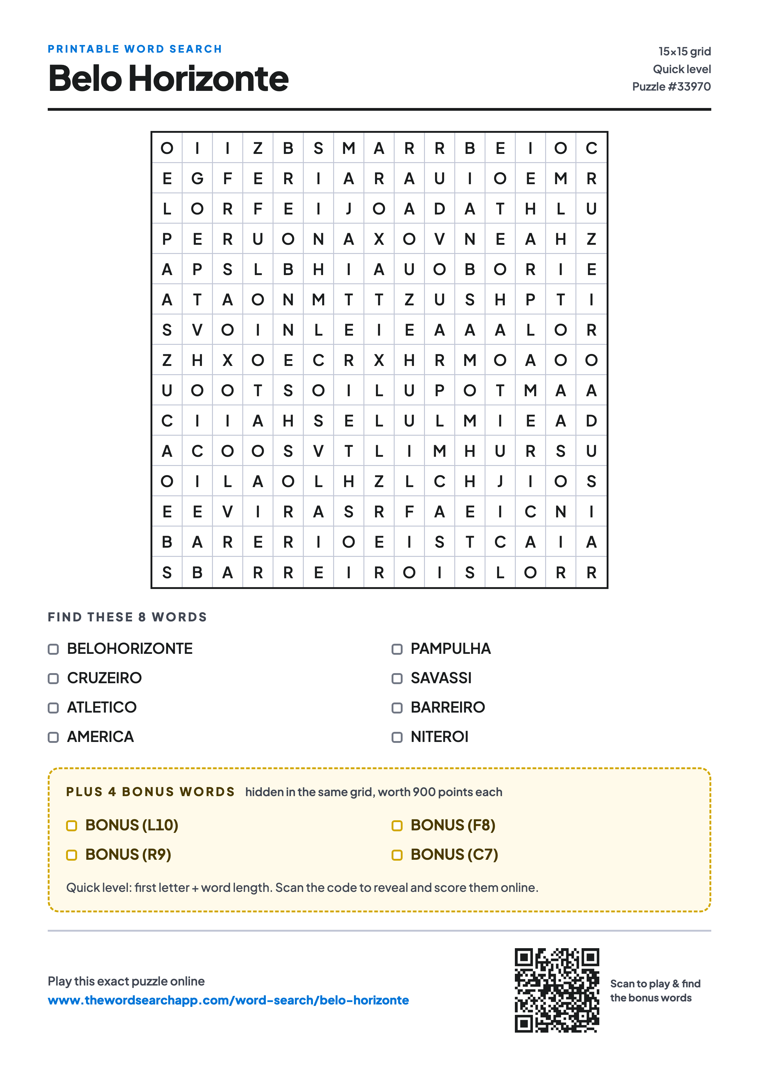 Printable Belo Horizonte word search — 15×15 letter grid with 8 words to find including BELOHORIZONTE, CRUZEIRO, ATLETICO, plus 4 hidden bonus words
