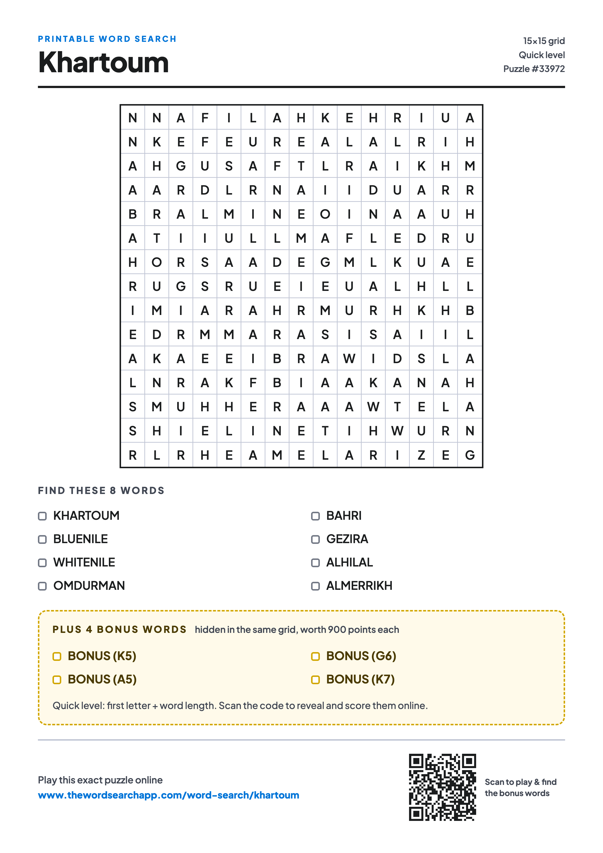 Printable Khartoum word search — 15×15 letter grid with 8 words to find including KHARTOUM, BLUENILE, WHITENILE, plus 4 hidden bonus words