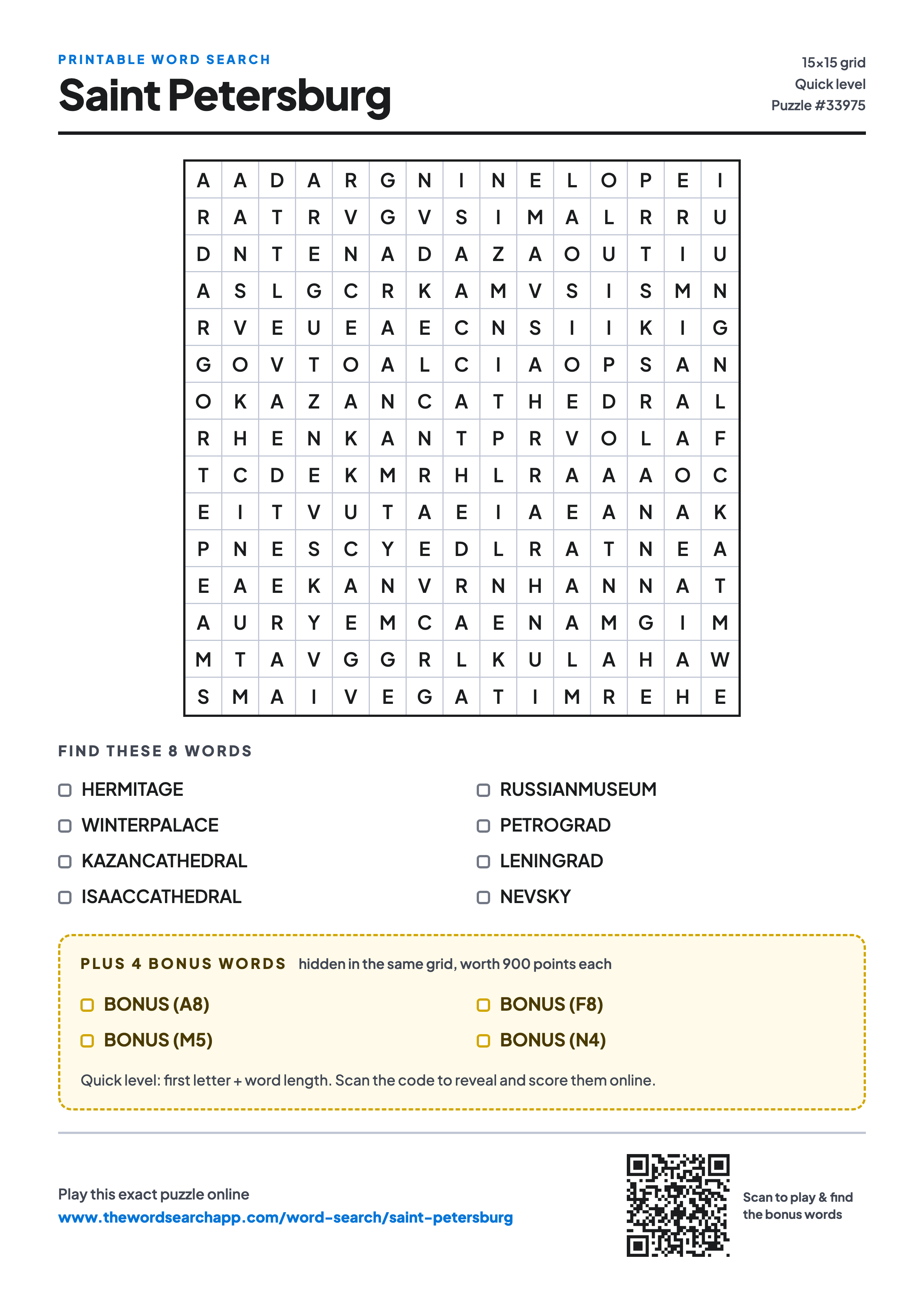 Printable Saint Petersburg word search — 15×15 letter grid with 8 words to find including HERMITAGE, WINTERPALACE, KAZANCATHEDRAL, plus 4 hidden bonus words
