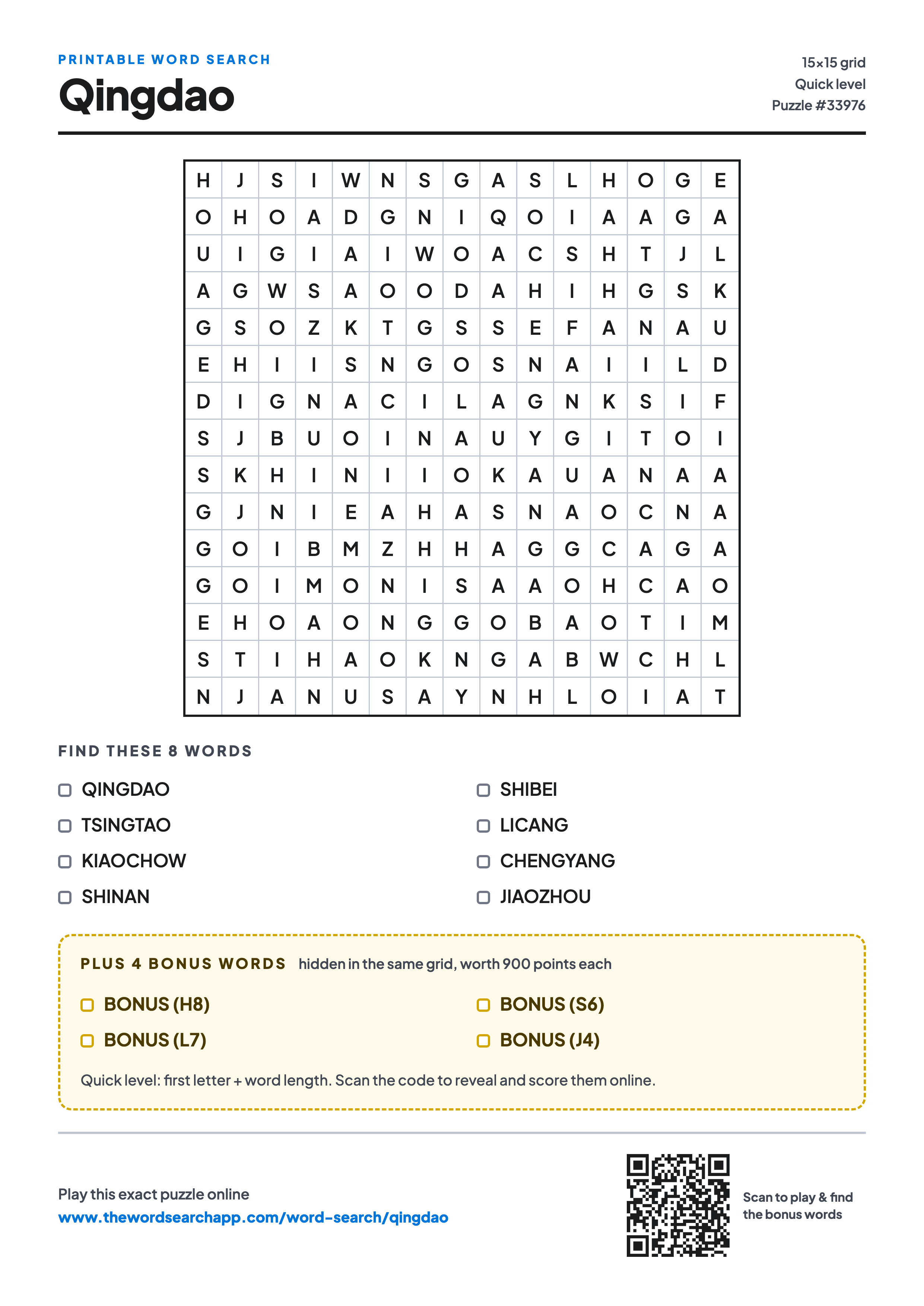 Printable Qingdao word search — 15×15 letter grid with 8 words to find including QINGDAO, TSINGTAO, KIAOCHOW, plus 4 hidden bonus words