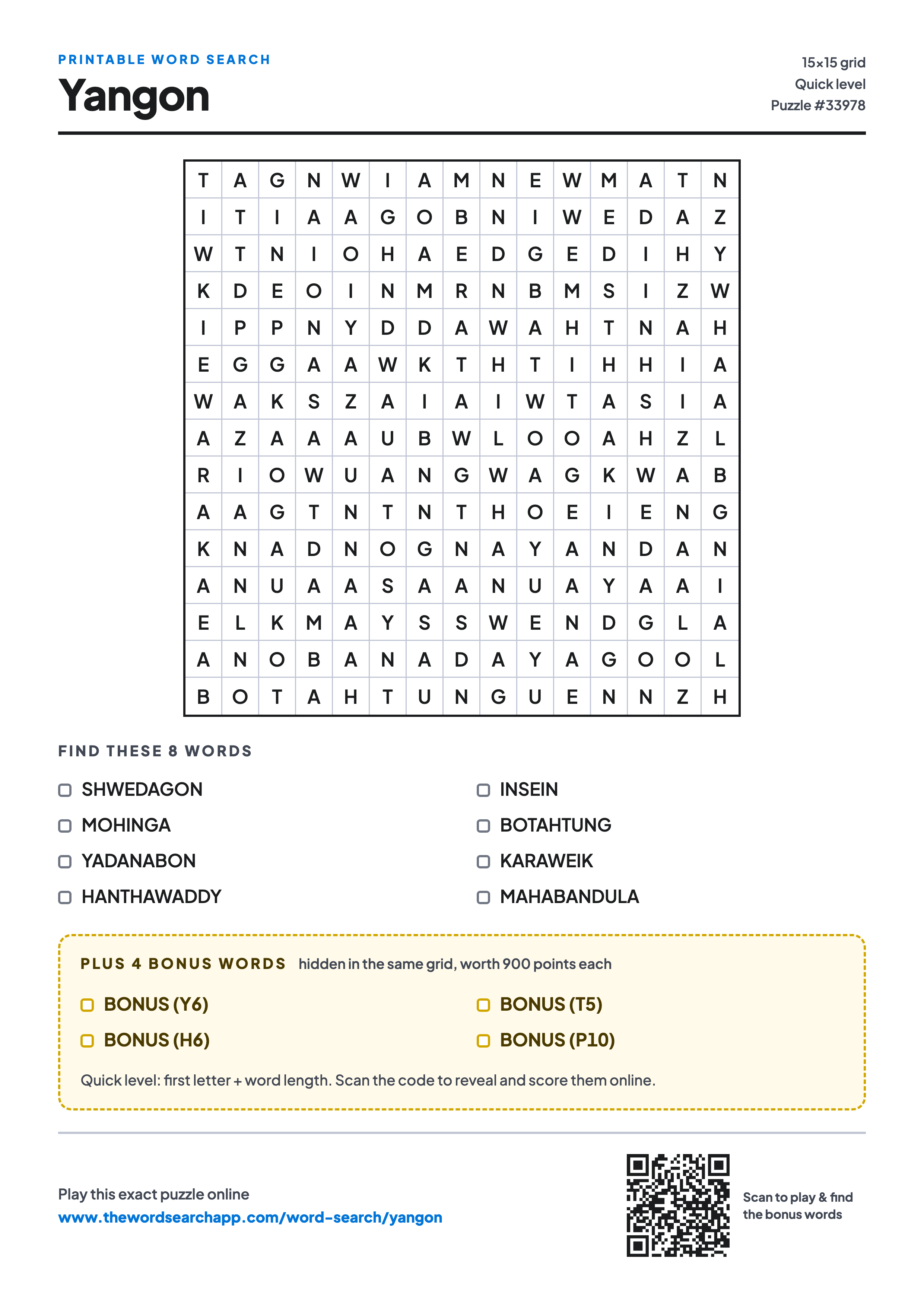 Printable Yangon word search — 15×15 letter grid with 8 words to find including SHWEDAGON, MOHINGA, YADANABON, plus 4 hidden bonus words