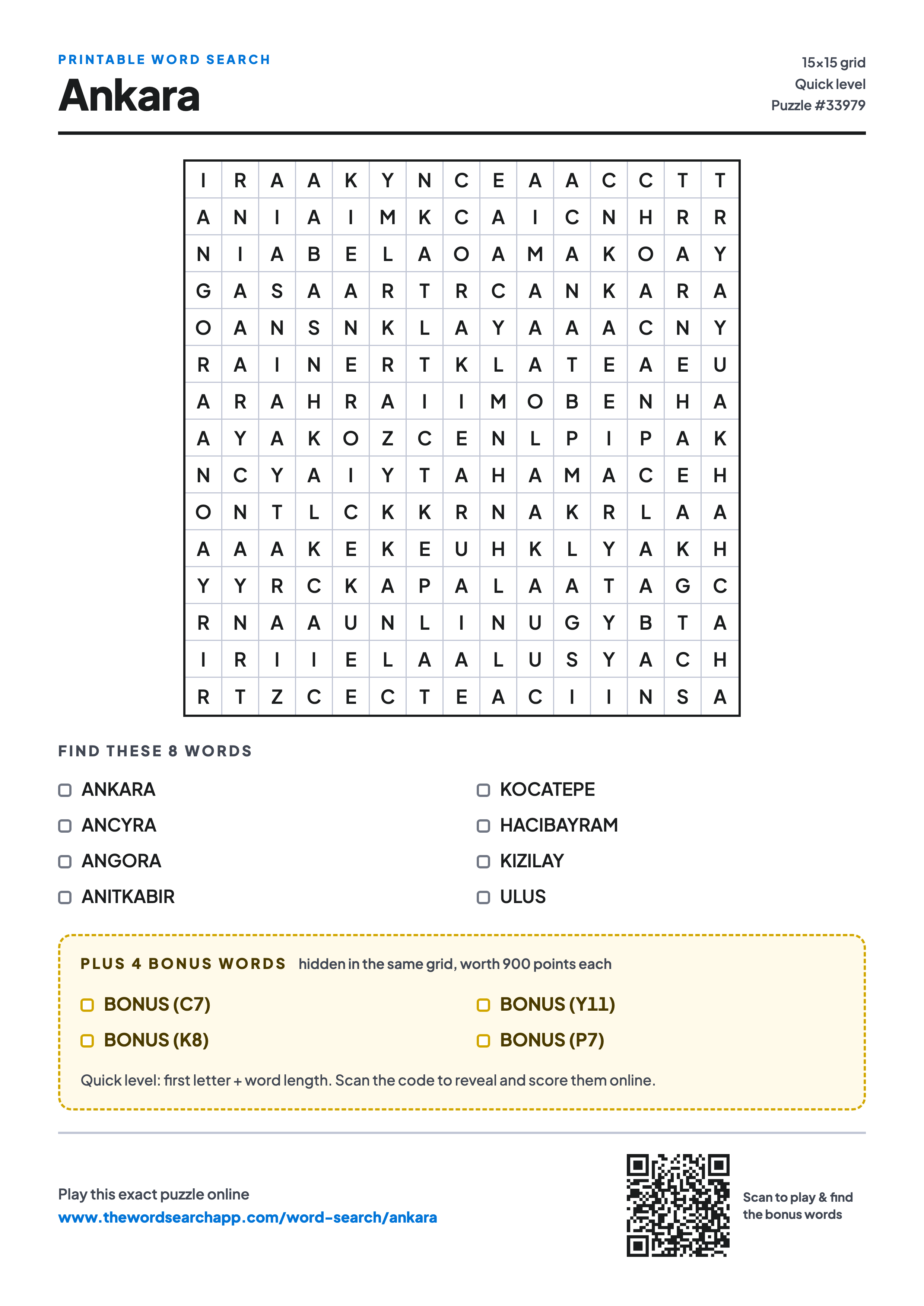 Printable Ankara word search — 15×15 letter grid with 8 words to find including ANKARA, ANCYRA, ANGORA, plus 4 hidden bonus words