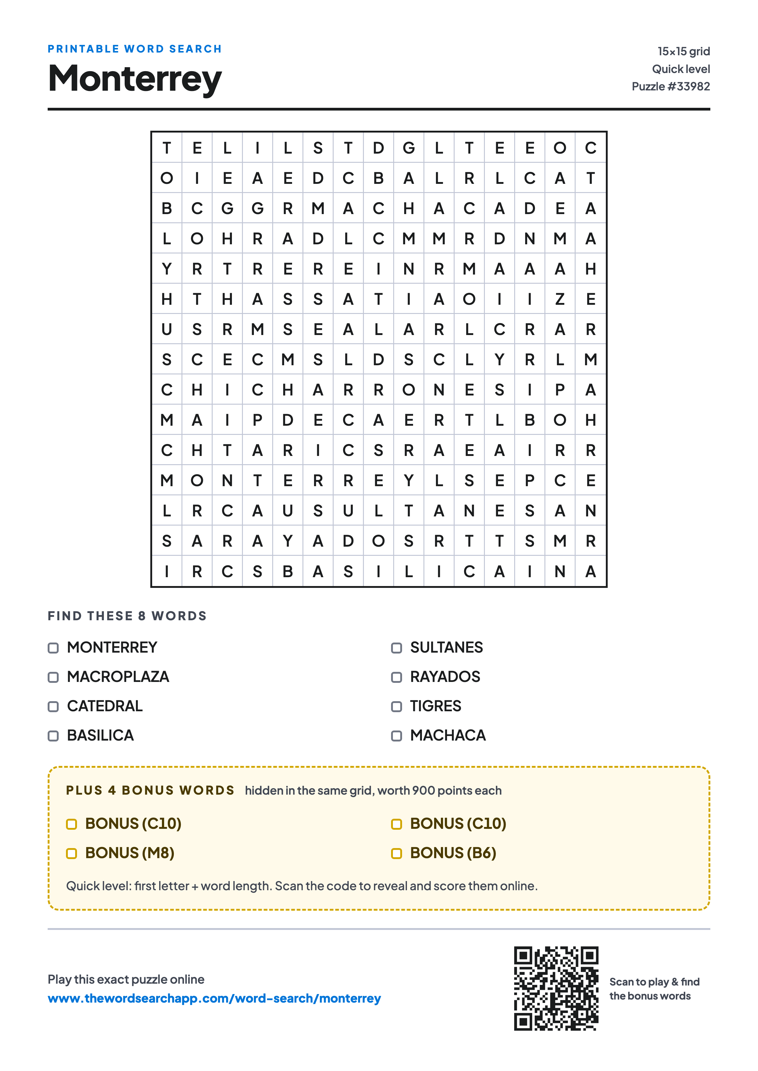 Printable Monterrey word search — 15×15 letter grid with 8 words to find including MONTERREY, MACROPLAZA, CATEDRAL, plus 4 hidden bonus words