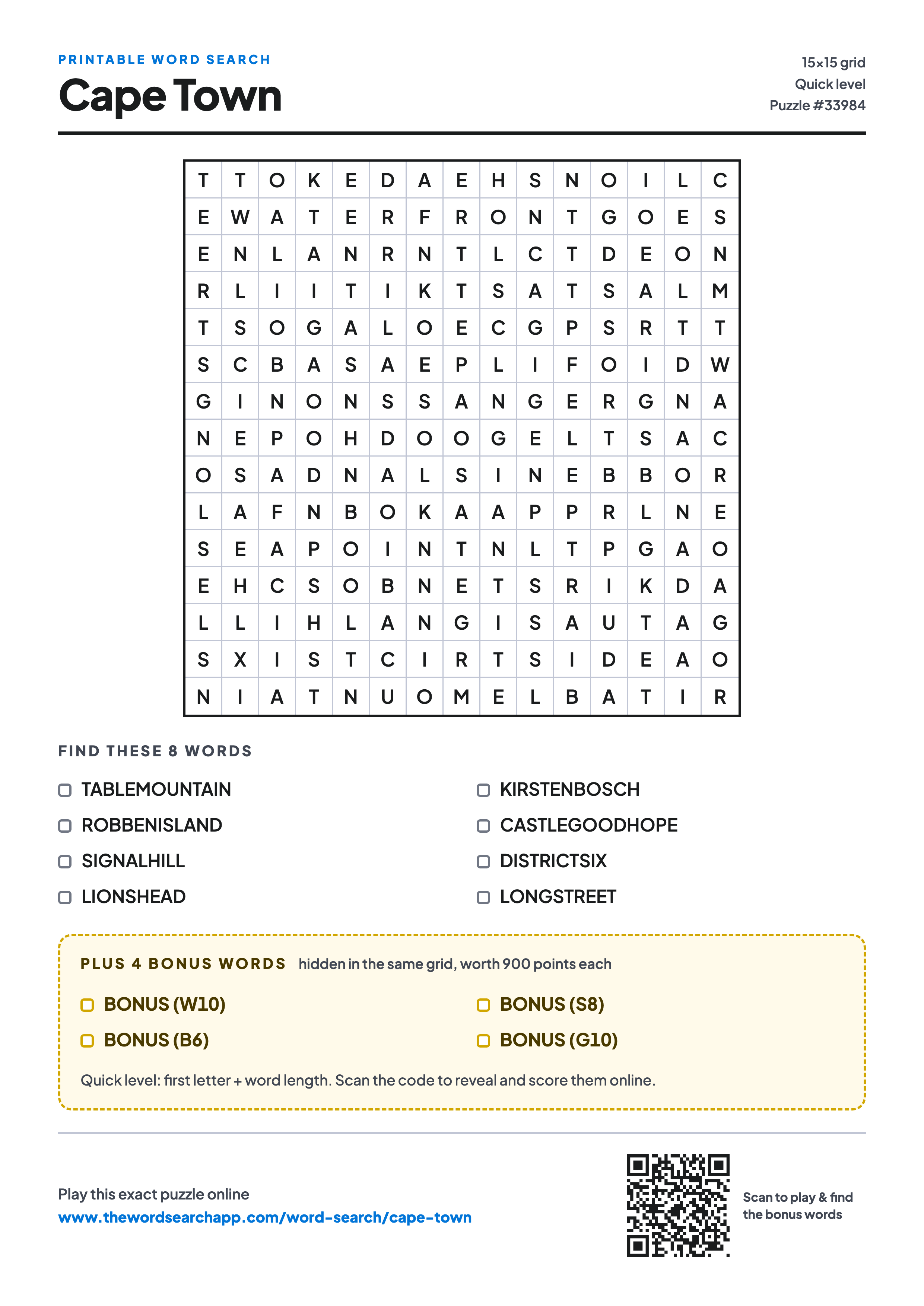 Printable Cape Town word search — 15×15 letter grid with 8 words to find including TABLEMOUNTAIN, ROBBENISLAND, SIGNALHILL, plus 4 hidden bonus words