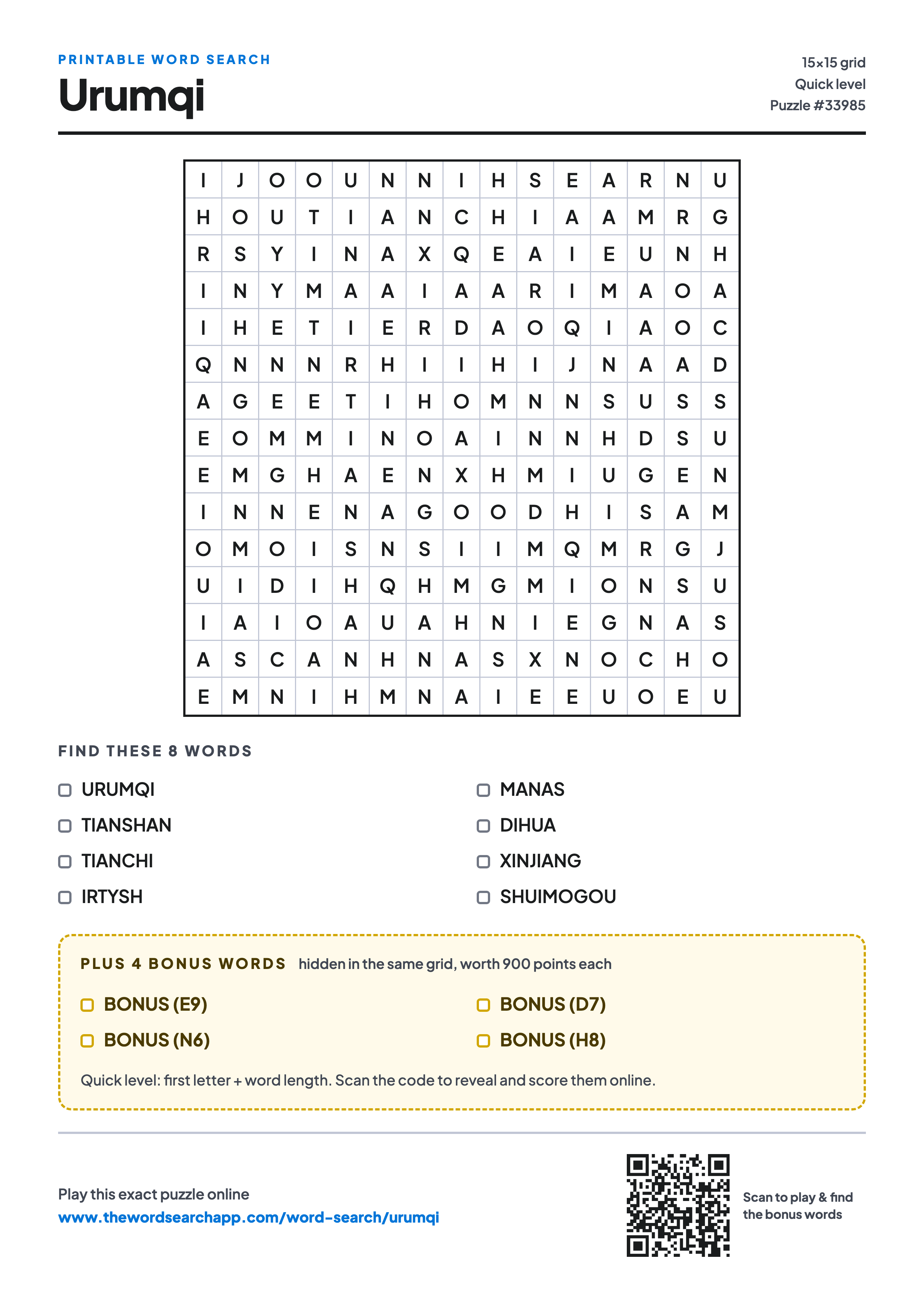 Printable Urumqi word search — 15×15 letter grid with 8 words to find including URUMQI, TIANSHAN, TIANCHI, plus 4 hidden bonus words