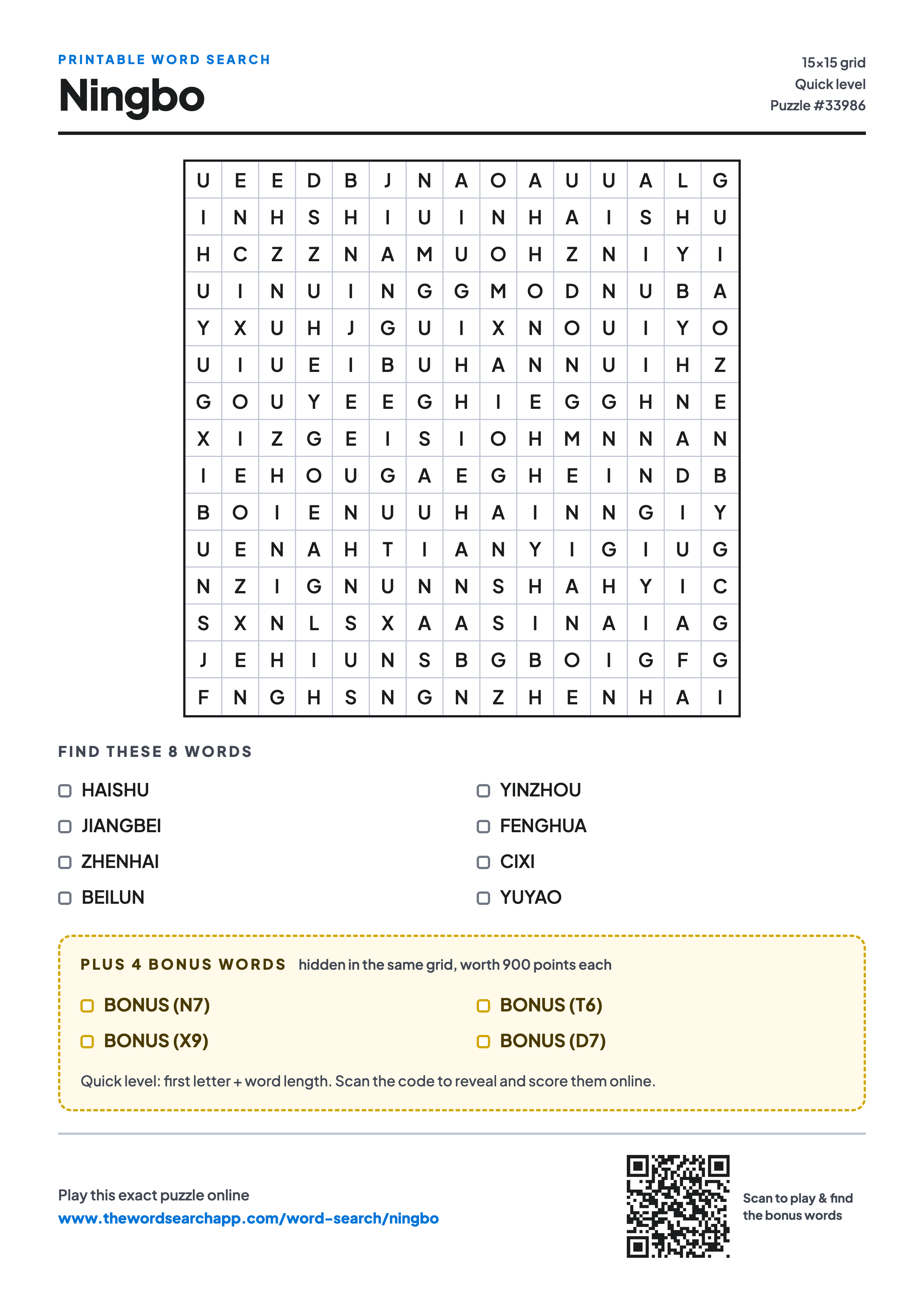 Printable Ningbo word search — 15×15 letter grid with 8 words to find including HAISHU, JIANGBEI, ZHENHAI, plus 4 hidden bonus words