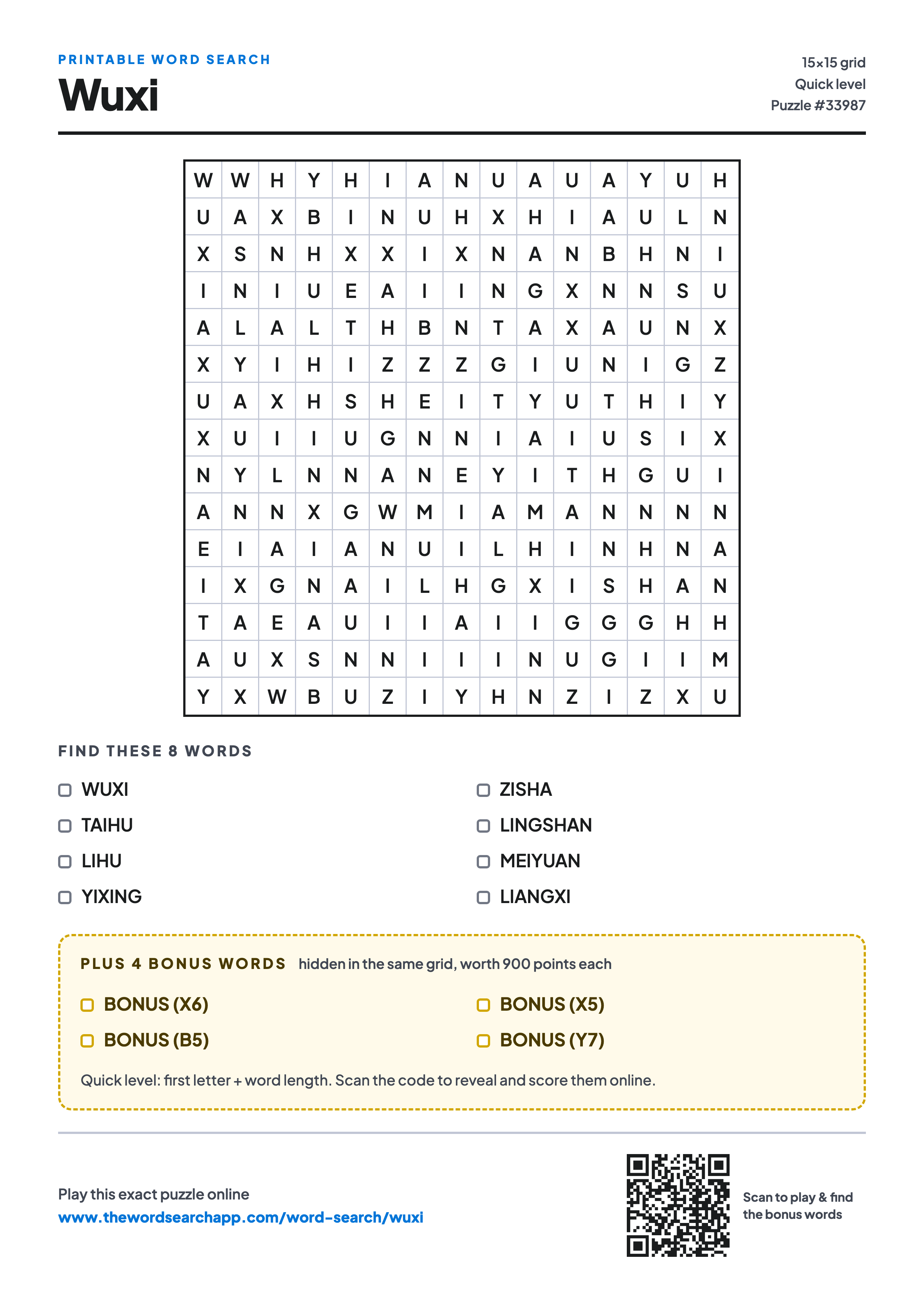 Printable Wuxi word search — 15×15 letter grid with 8 words to find including WUXI, TAIHU, LIHU, plus 4 hidden bonus words