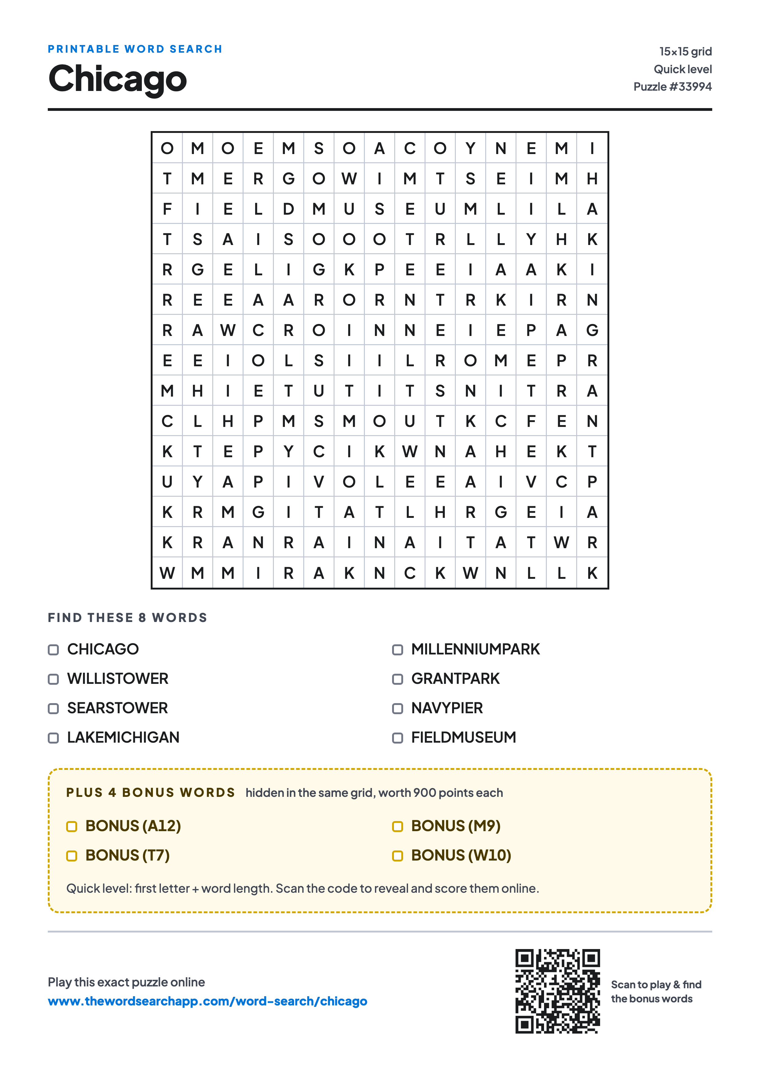 Printable Chicago word search — 15×15 letter grid with 8 words to find including CHICAGO, WILLISTOWER, SEARSTOWER, plus 4 hidden bonus words
