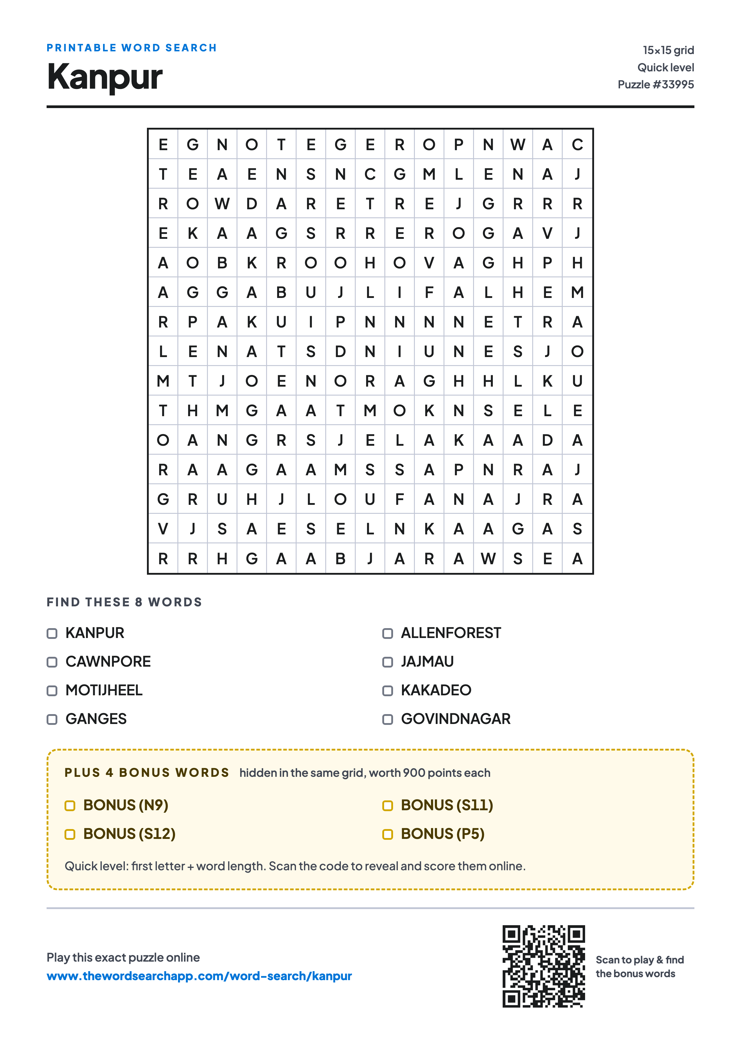 Printable Kanpur word search — 15×15 letter grid with 8 words to find including KANPUR, CAWNPORE, MOTIJHEEL, plus 4 hidden bonus words