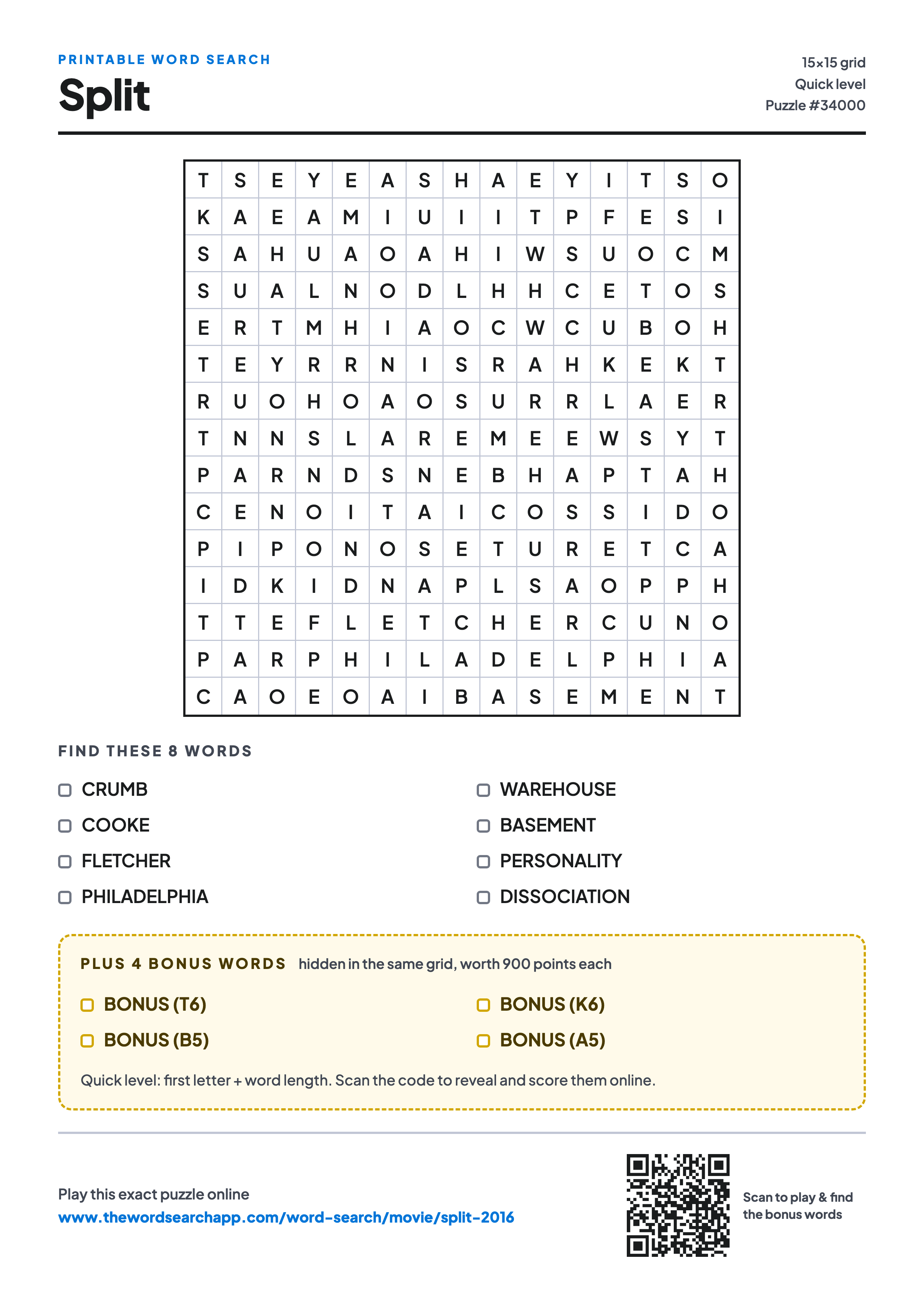 Printable Split (2016) word search — 15×15 letter grid with 8 words to find including CRUMB, COOKE, FLETCHER, plus 4 hidden bonus words