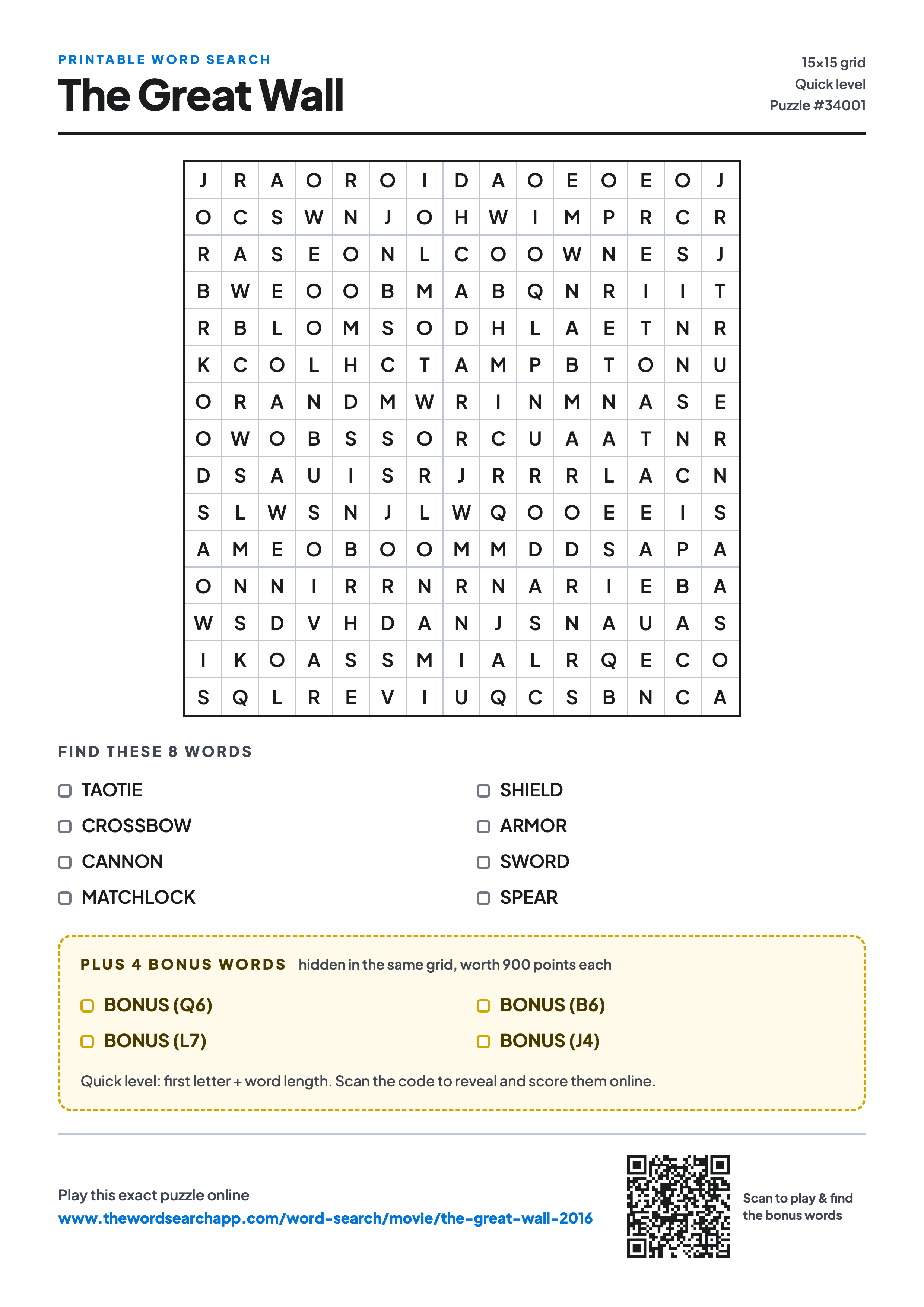 Printable The Great Wall (2016) word search — 15×15 letter grid with 8 words to find including TAOTIE, CROSSBOW, CANNON, plus 4 hidden bonus words