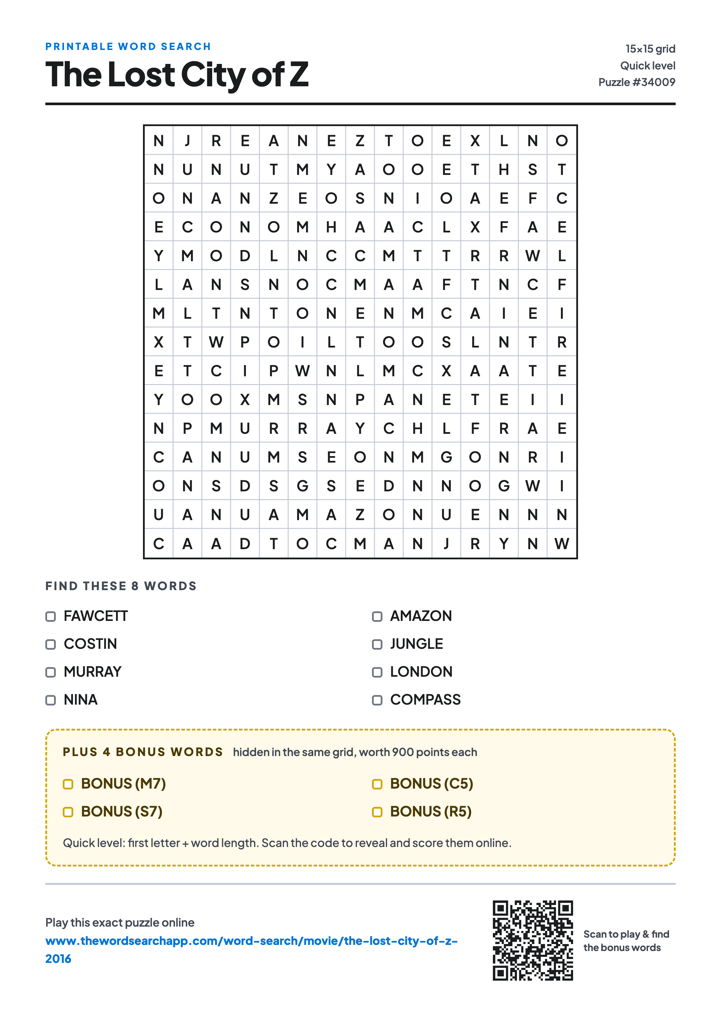 Printable The Lost City of Z (2016) word search — 15×15 letter grid with 8 words to find including FAWCETT, COSTIN, MURRAY, plus 4 hidden bonus words