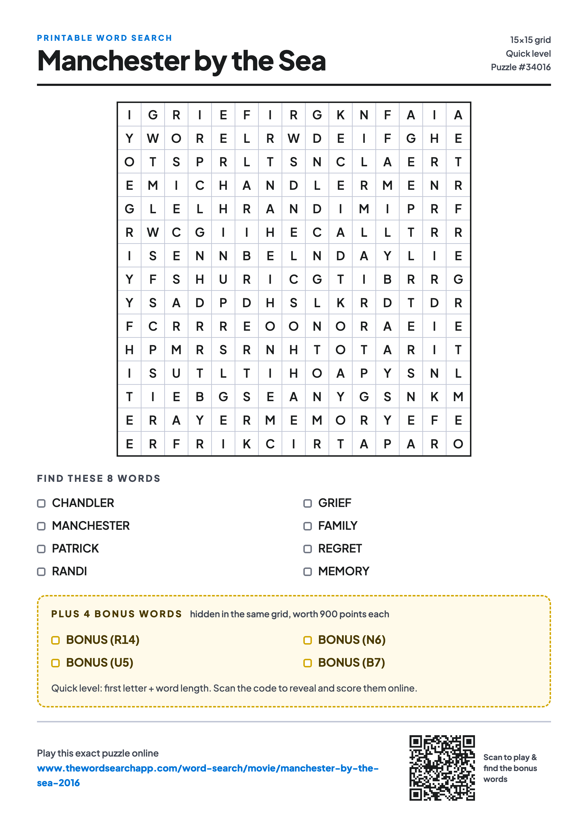 Printable Manchester by the Sea (2016) word search — 15×15 letter grid with 8 words to find including CHANDLER, MANCHESTER, PATRICK, plus 4 hidden bonus words