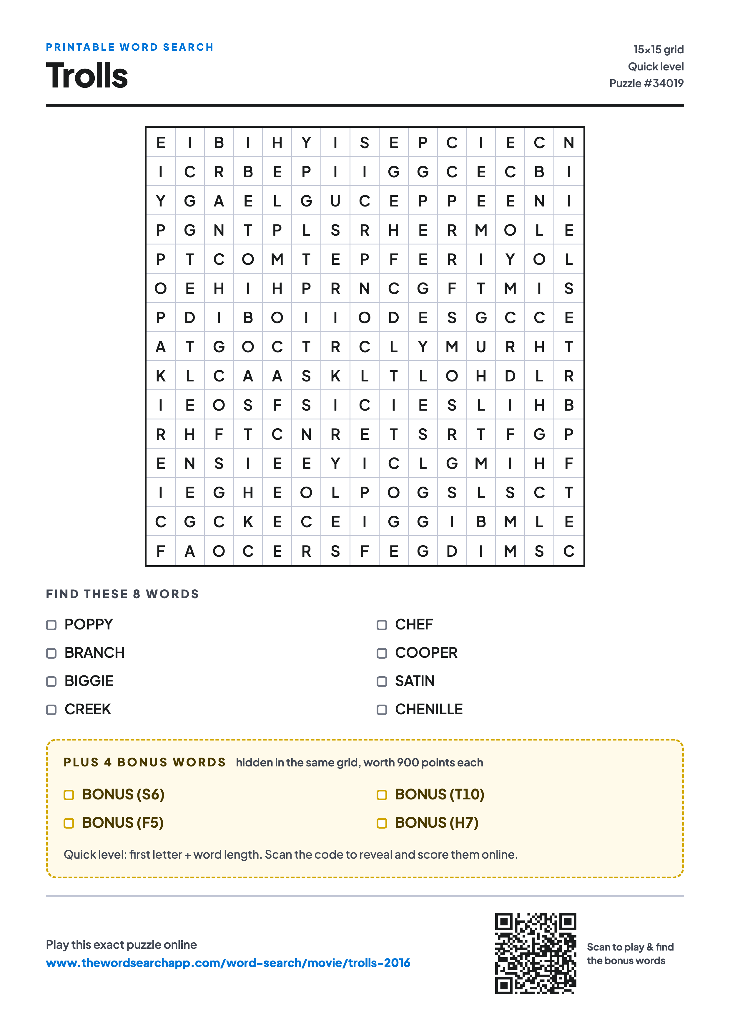 Printable Trolls (2016) word search — 15×15 letter grid with 8 words to find including POPPY, BRANCH, BIGGIE, plus 4 hidden bonus words