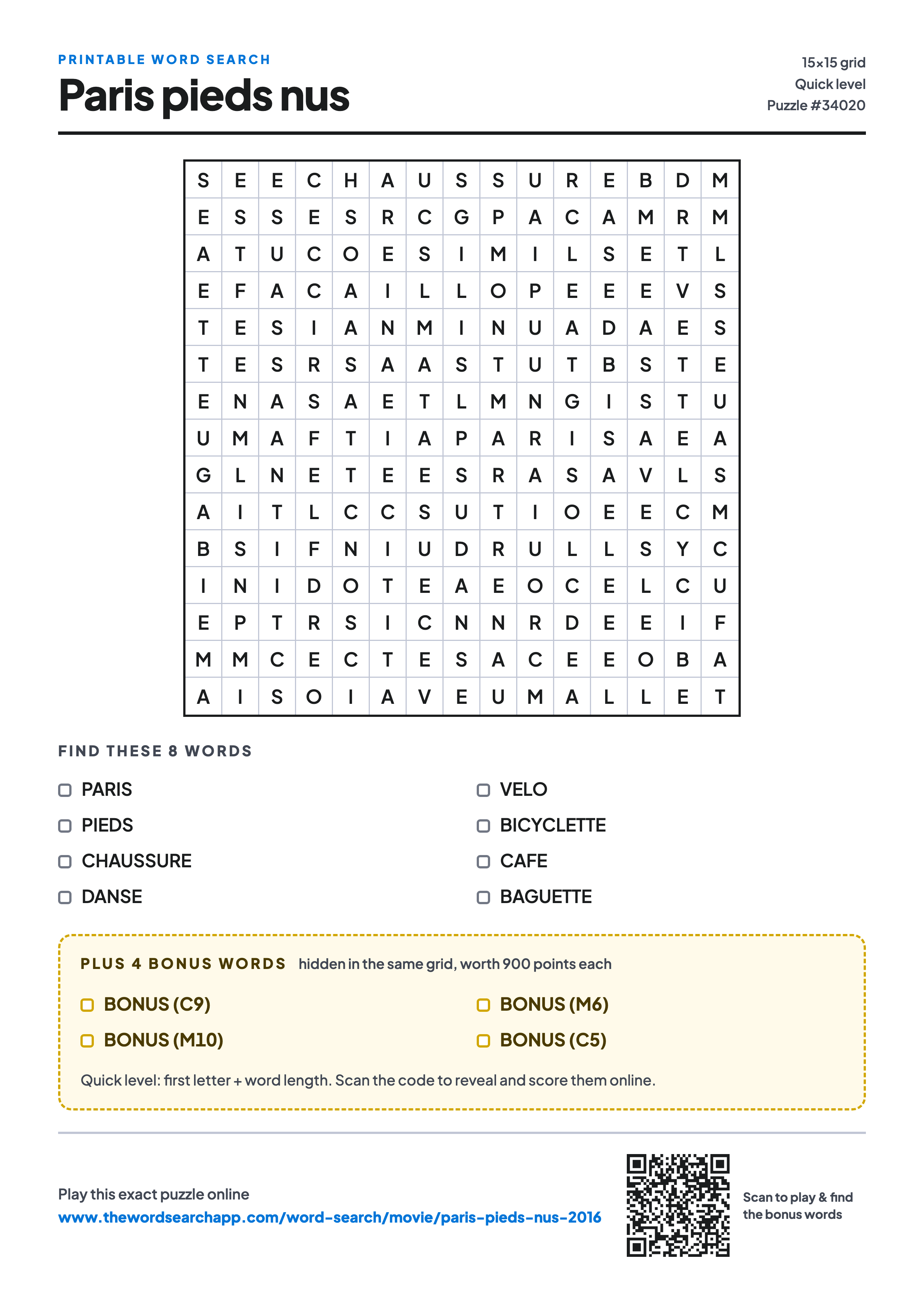 Printable Paris pieds nus (2016) word search — 15×15 letter grid with 8 words to find including PARIS, PIEDS, CHAUSSURE, plus 4 hidden bonus words