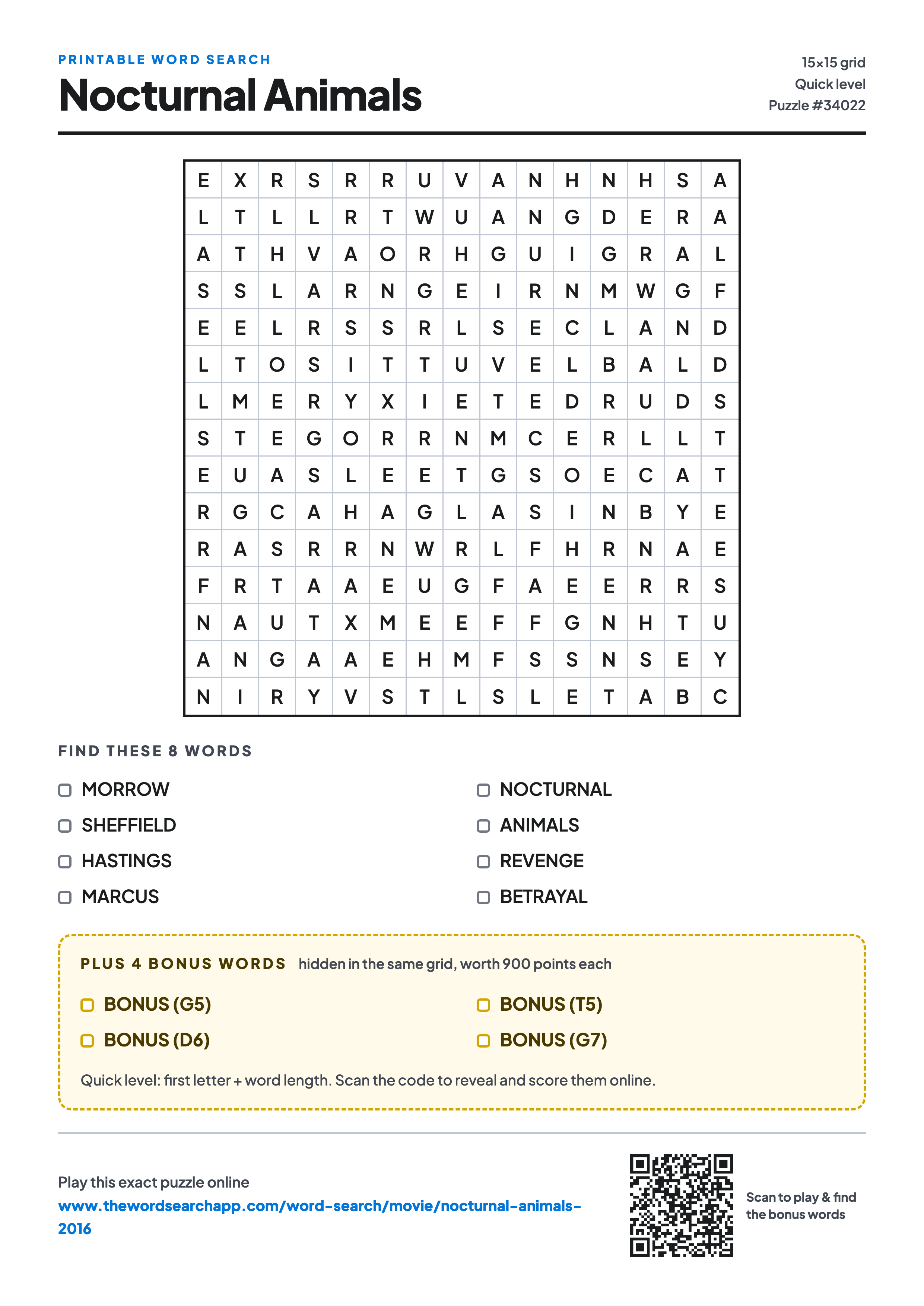 Printable Nocturnal Animals (2016) word search — 15×15 letter grid with 8 words to find including MORROW, SHEFFIELD, HASTINGS, plus 4 hidden bonus words
