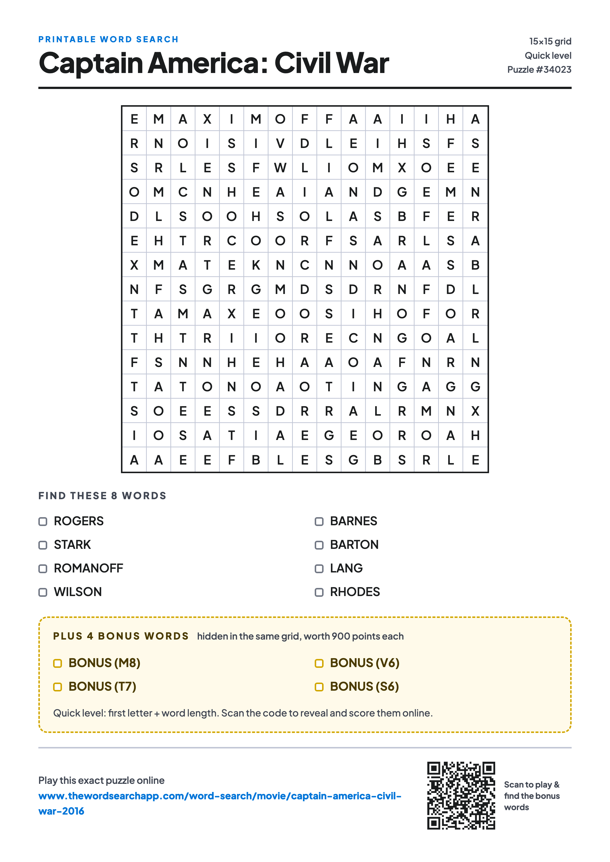 Printable Captain America: Civil War (2016) word search — 15×15 letter grid with 8 words to find including ROGERS, STARK, ROMANOFF, plus 4 hidden bonus words