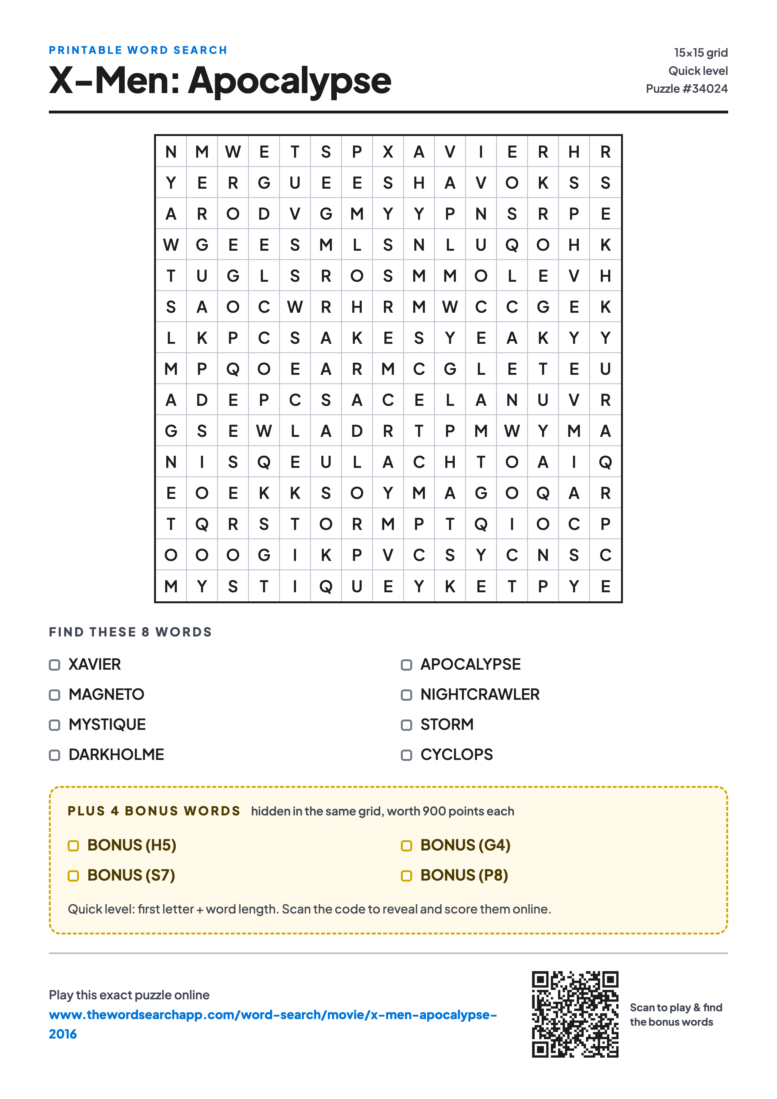 Printable X-Men: Apocalypse (2016) word search — 15×15 letter grid with 8 words to find including XAVIER, MAGNETO, MYSTIQUE, plus 4 hidden bonus words