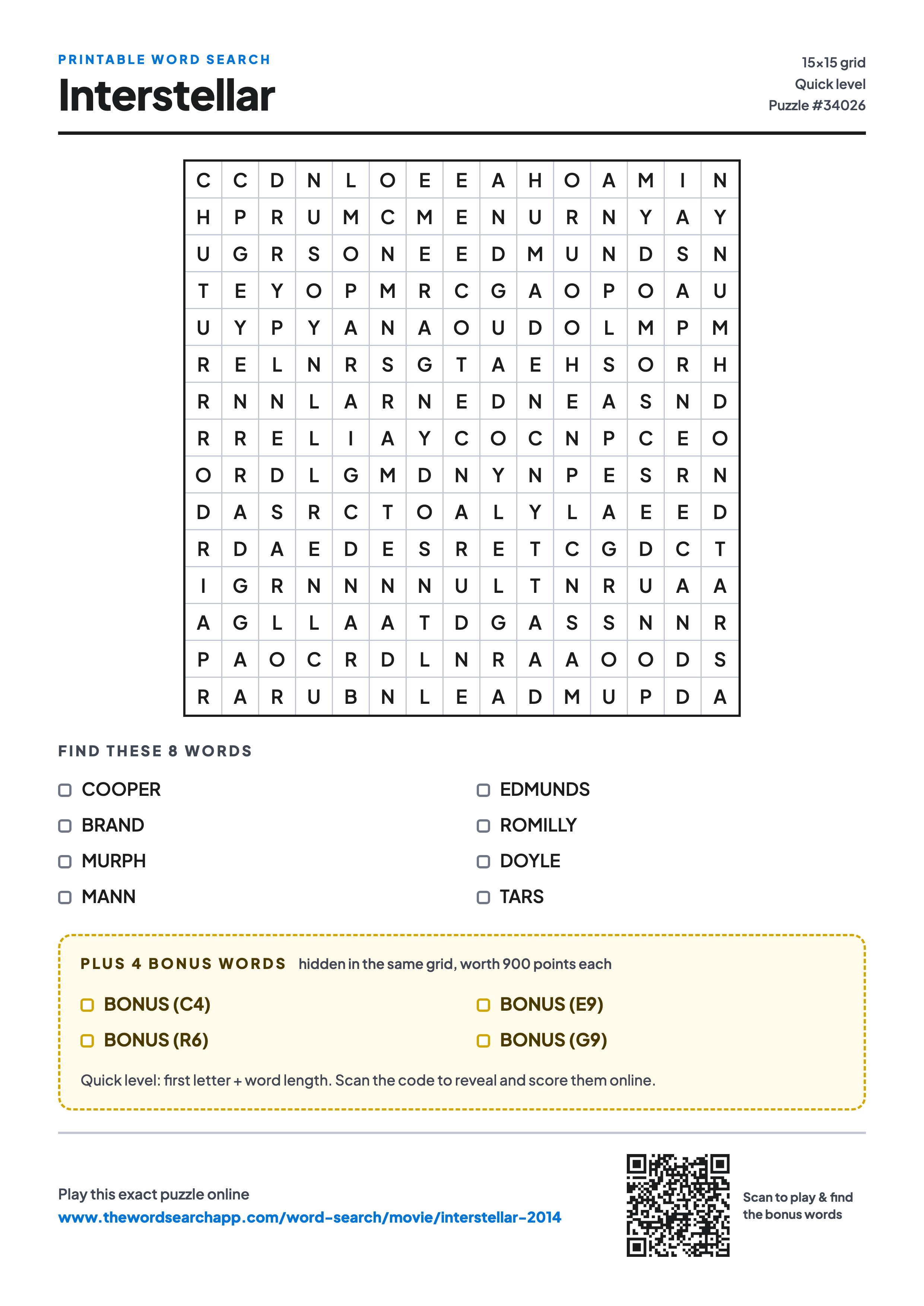 Printable Interstellar (2014) word search — 15×15 letter grid with 8 words to find including COOPER, BRAND, MURPH, plus 4 hidden bonus words