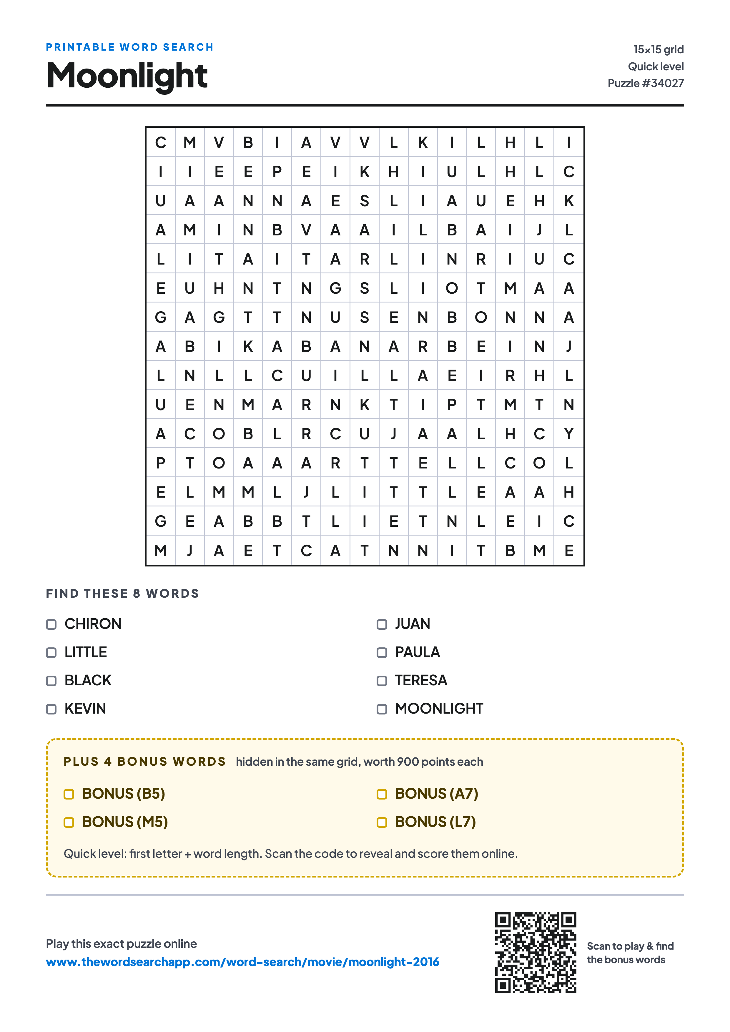 Printable Moonlight (2016) word search — 15×15 letter grid with 8 words to find including CHIRON, LITTLE, BLACK, plus 4 hidden bonus words