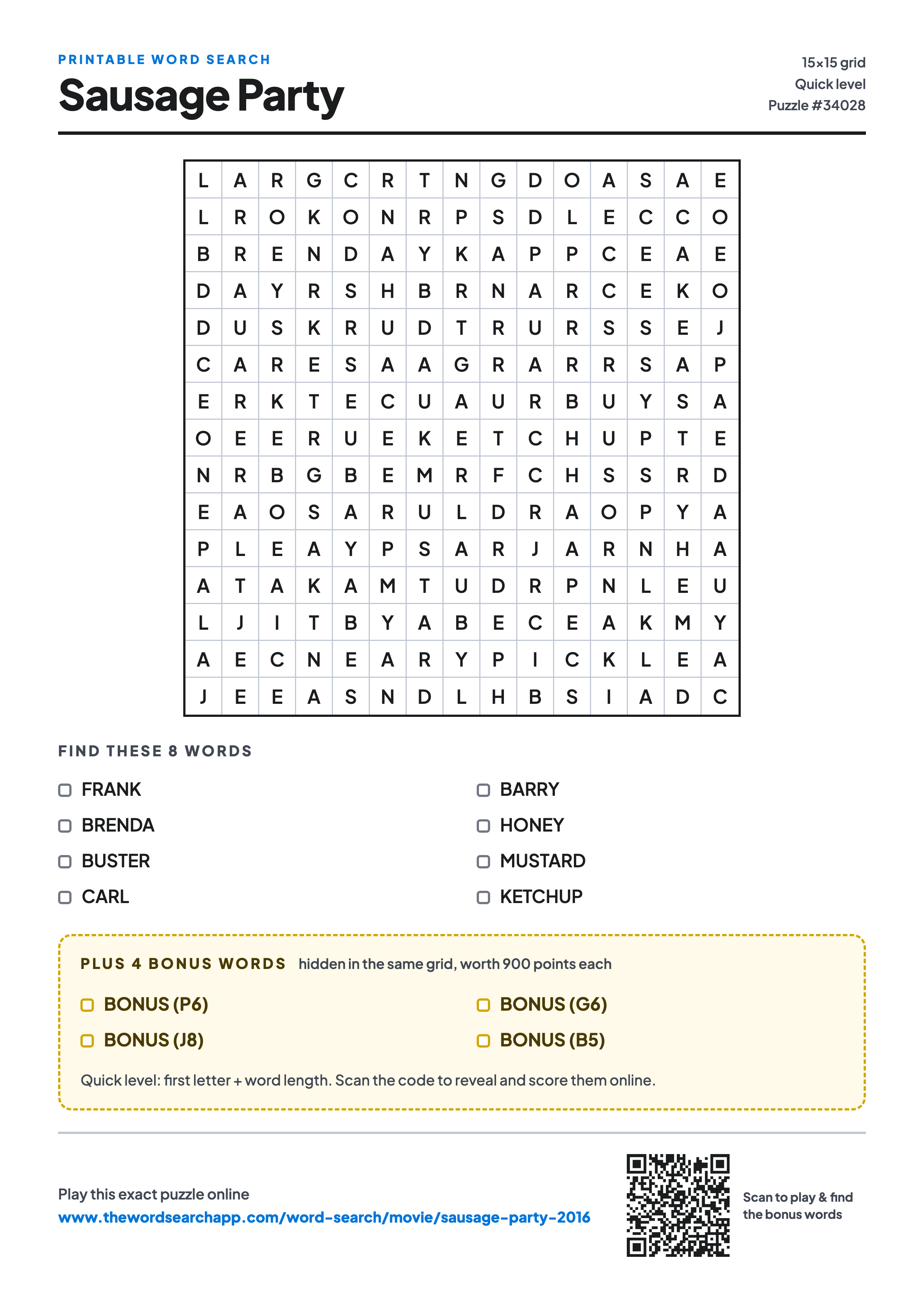 Printable Sausage Party (2016) word search — 15×15 letter grid with 8 words to find including FRANK, BRENDA, BUSTER, plus 4 hidden bonus words