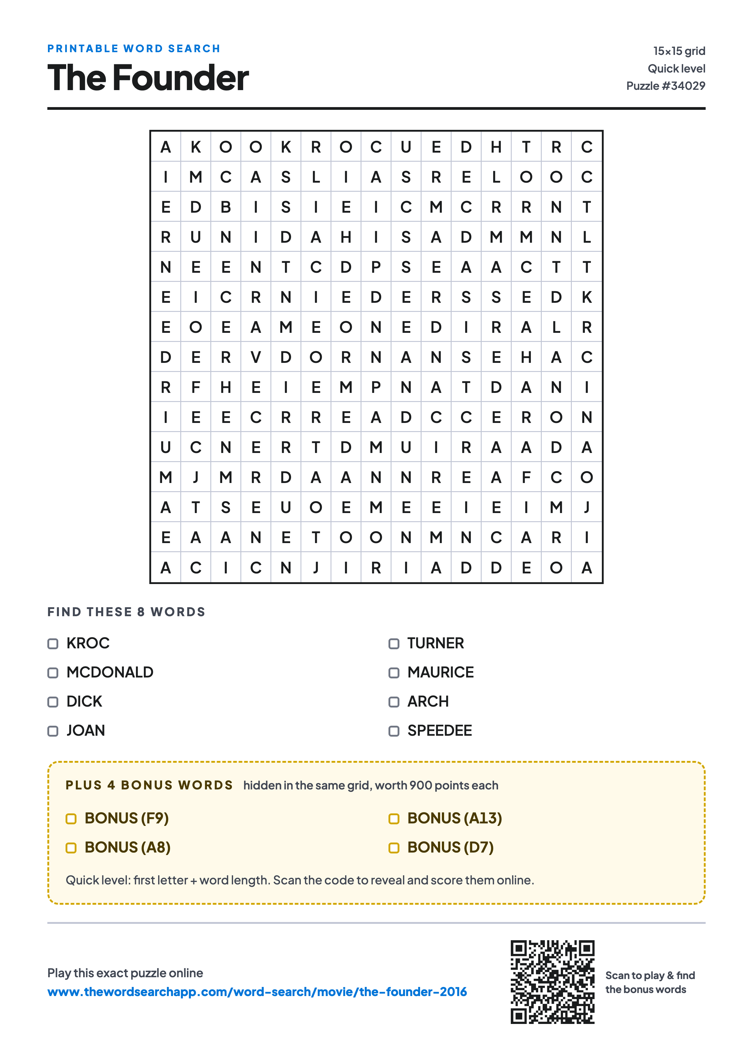 Printable The Founder (2016) word search — 15×15 letter grid with 8 words to find including KROC, MCDONALD, DICK, plus 4 hidden bonus words
