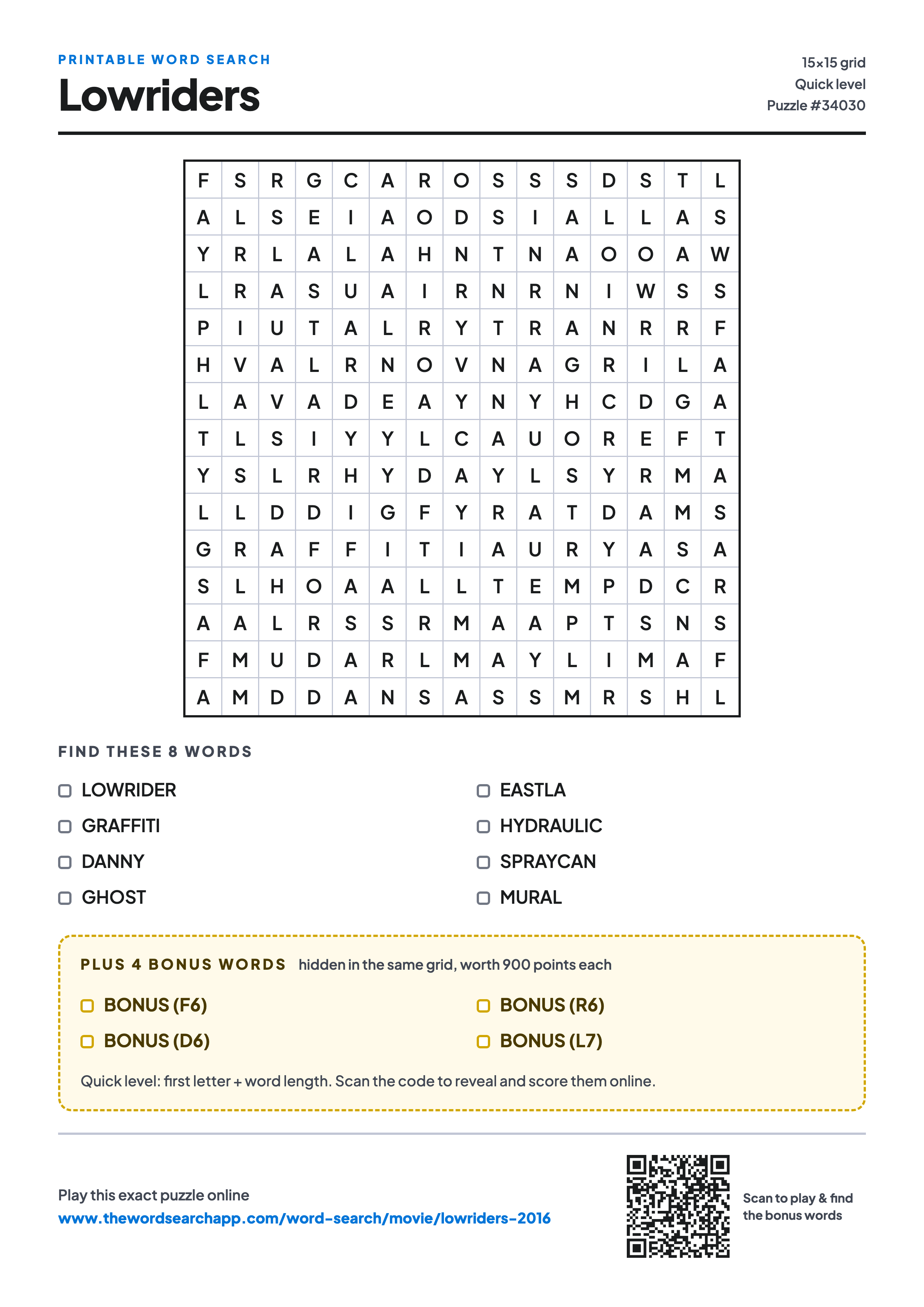 Printable Lowriders (2016) word search — 15×15 letter grid with 8 words to find including LOWRIDER, GRAFFITI, DANNY, plus 4 hidden bonus words