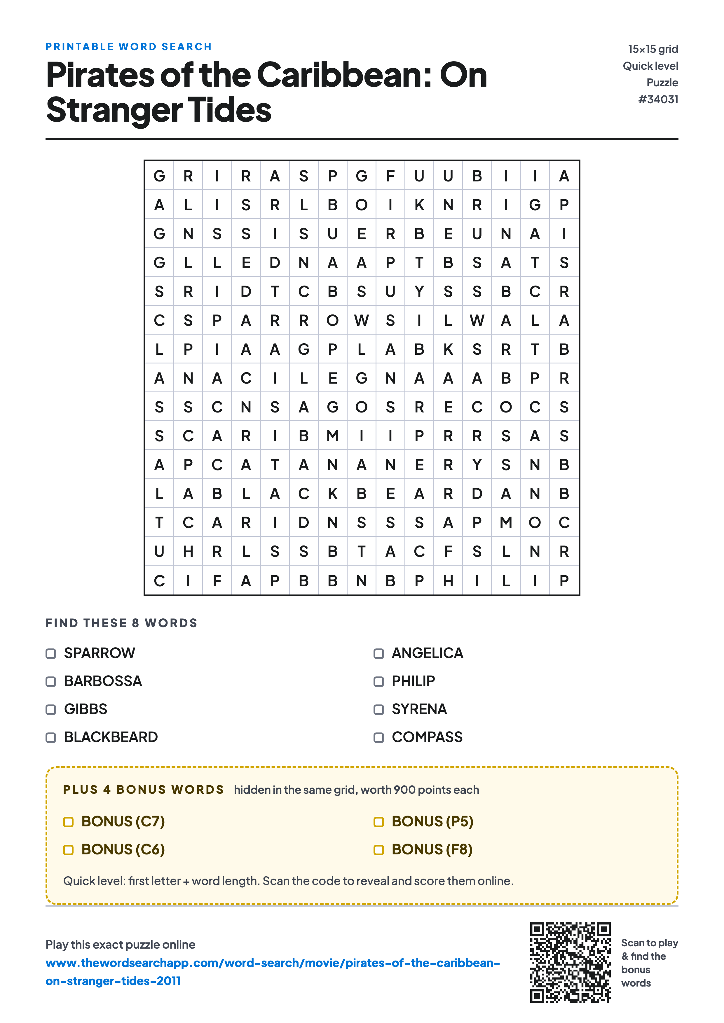 Printable Pirates of the Caribbean: On Stranger Tides (2011) word search — 15×15 letter grid with 8 words to find including SPARROW, BARBOSSA, GIBBS, plus 4 hidden bonus words