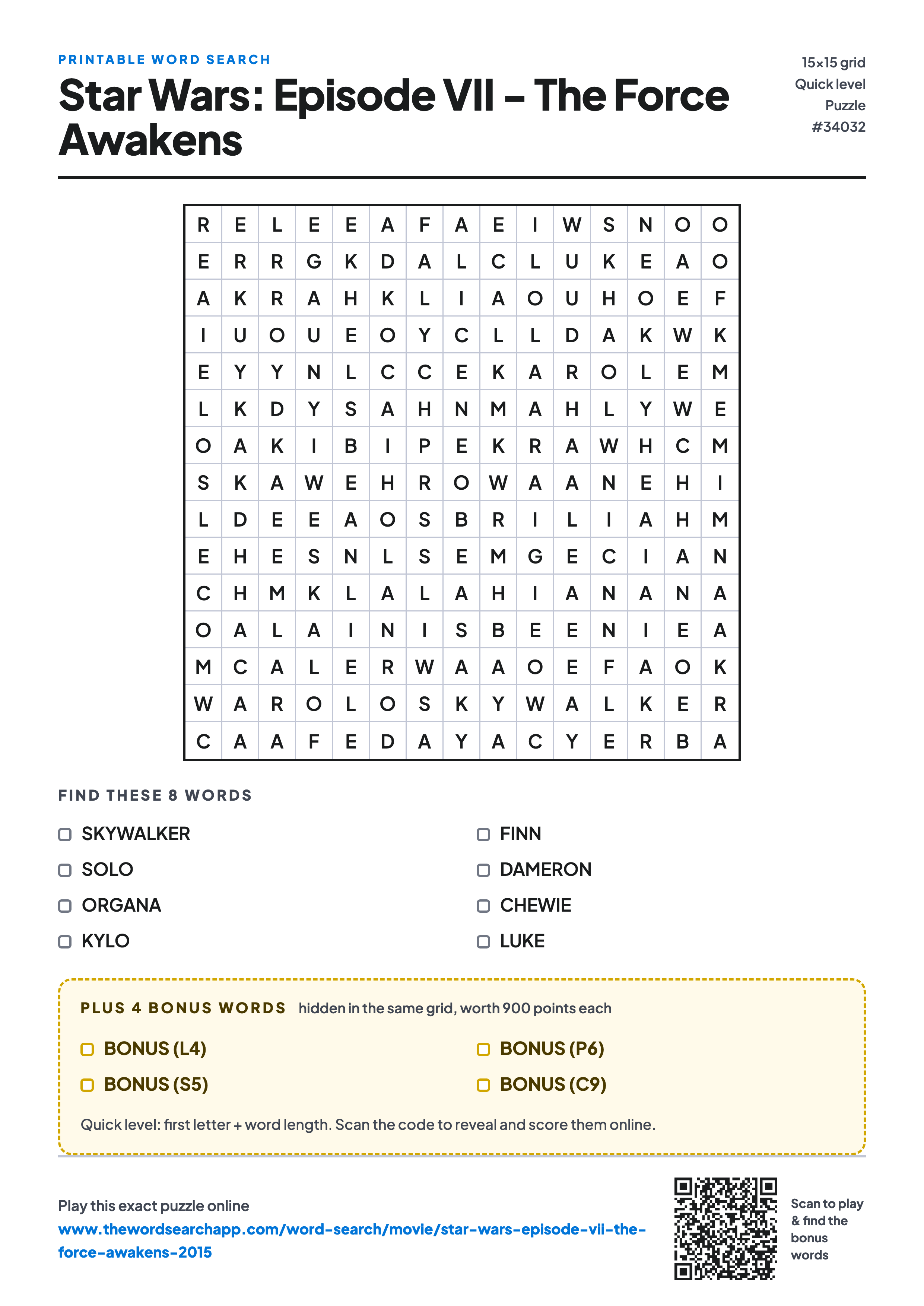Printable Star Wars: Episode VII - The Force Awakens (2015) word search — 15×15 letter grid with 8 words to find including SKYWALKER, SOLO, ORGANA, plus 4 hidden bonus words