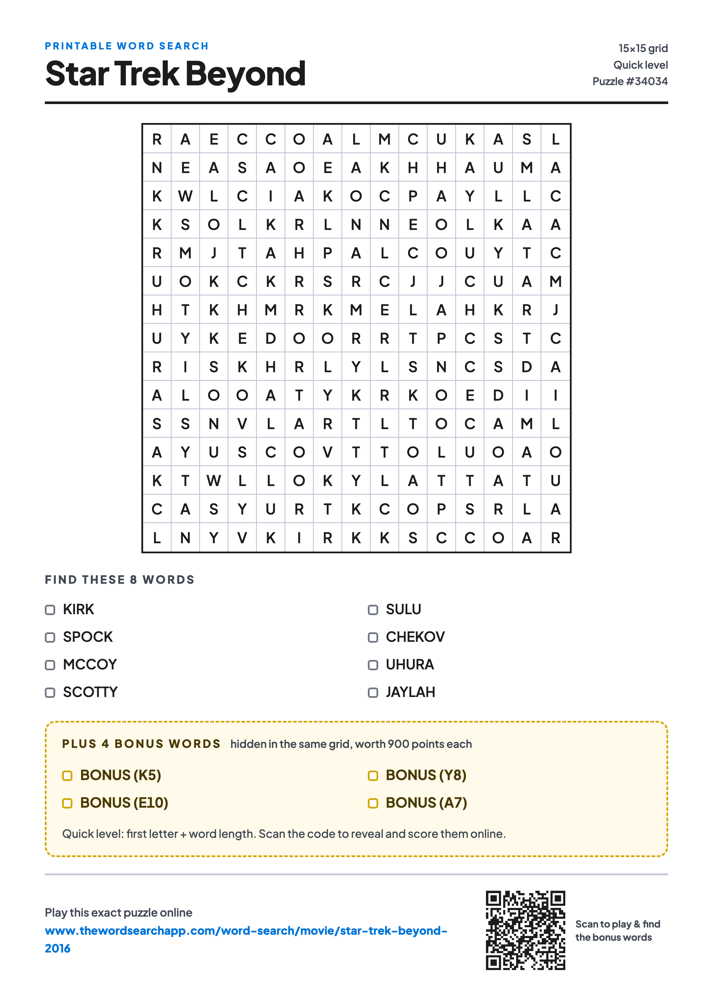 Printable Star Trek Beyond (2016) word search — 15×15 letter grid with 8 words to find including KIRK, SPOCK, MCCOY, plus 4 hidden bonus words