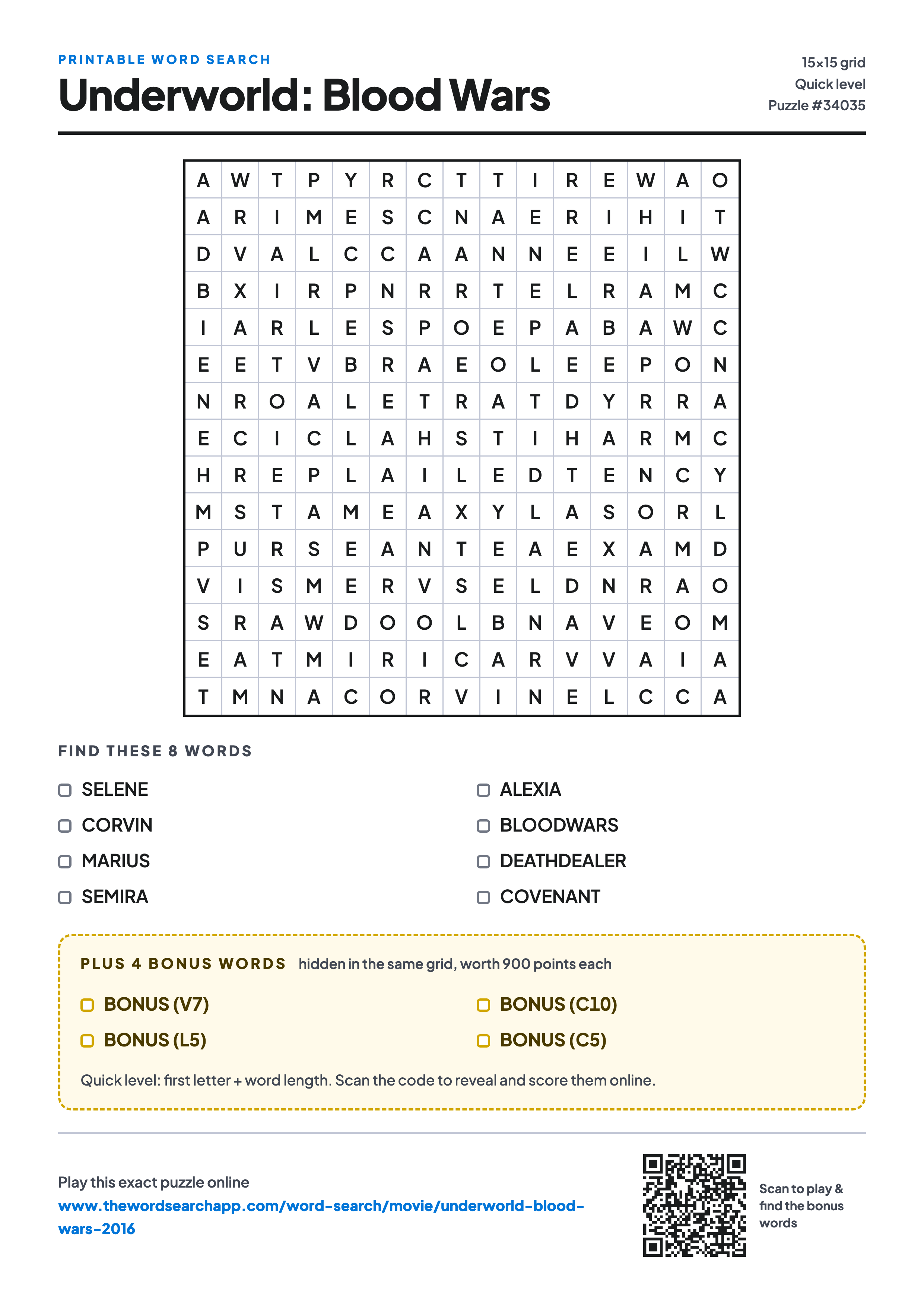 Printable Underworld: Blood Wars (2016) word search — 15×15 letter grid with 8 words to find including SELENE, CORVIN, MARIUS, plus 4 hidden bonus words